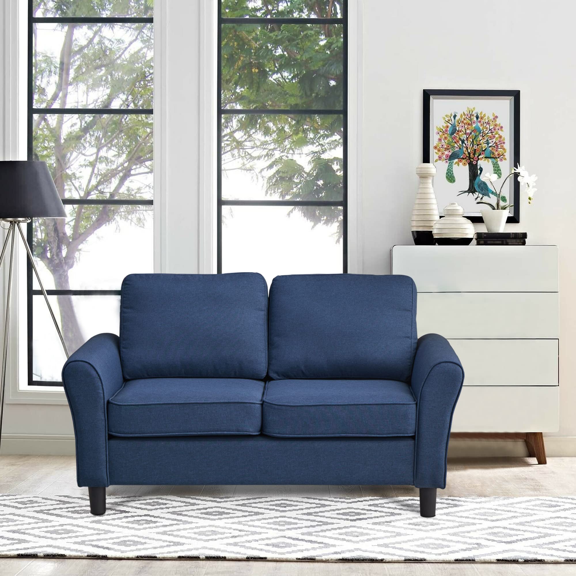 Modern Linen Loveseat Sofa - Comfortable Blue Couch for Living Room, Office & Bedroom - Perfect for Small Spaces, Apartments and Cozy Home Decor