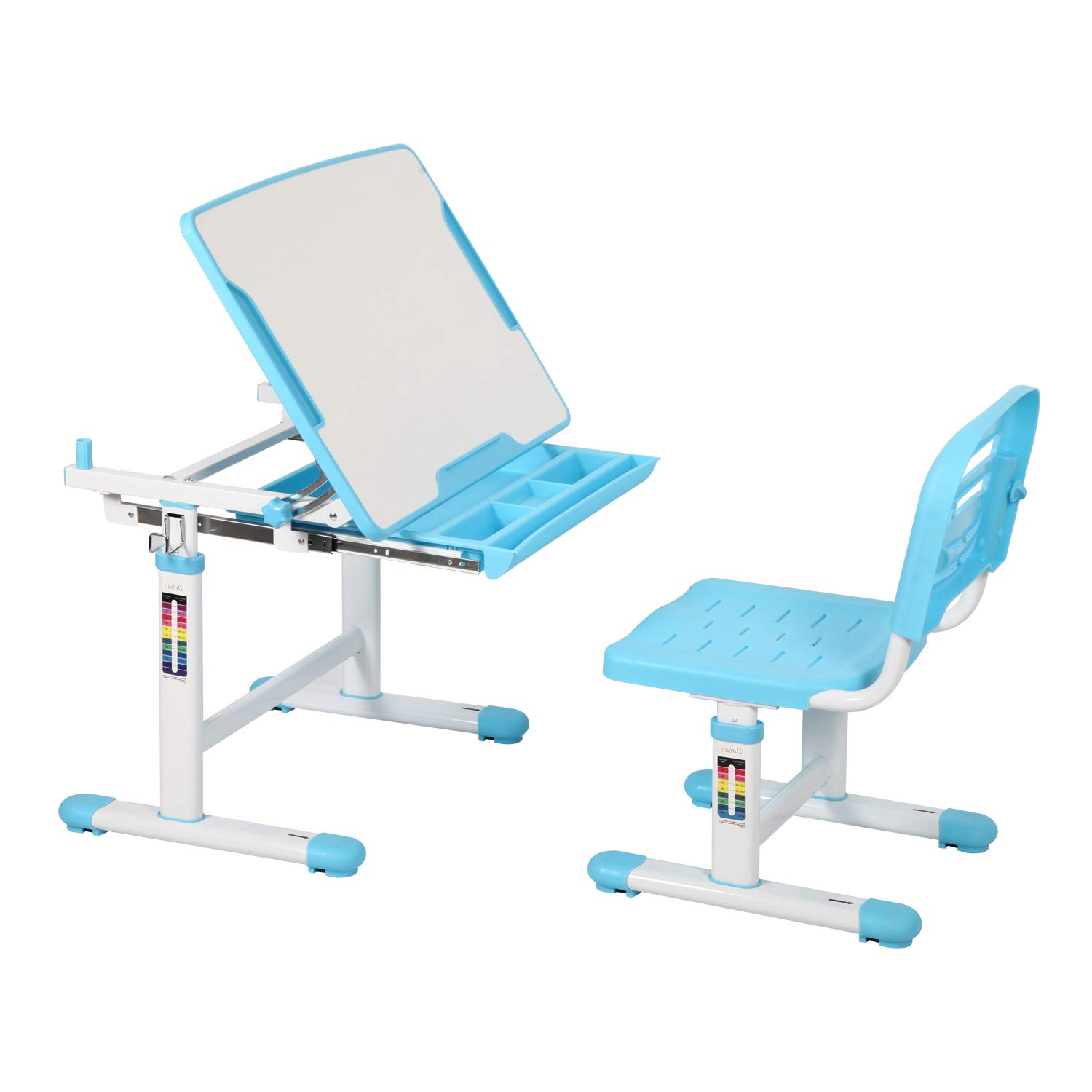 Diroan Adjustable Kids Study Desk and Chair Set - Height Adjustable Children's Desk with Tilt Desktop, Metal Hook & Storage Drawer - Blue School Furniture for Boys & Girls - Perfect for Homework, Drawing & Online Learning