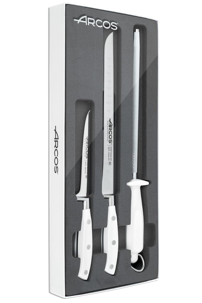 **Arcos Forged 3-Piece Slicing Knife Set - Professional Nitrum Stainless Steel Kitchen Knives with Ergonomic POM Handle, 755g, Riviera Blanc Series, White - Perfect for Slicing Meat, Vegetables & Fruits**