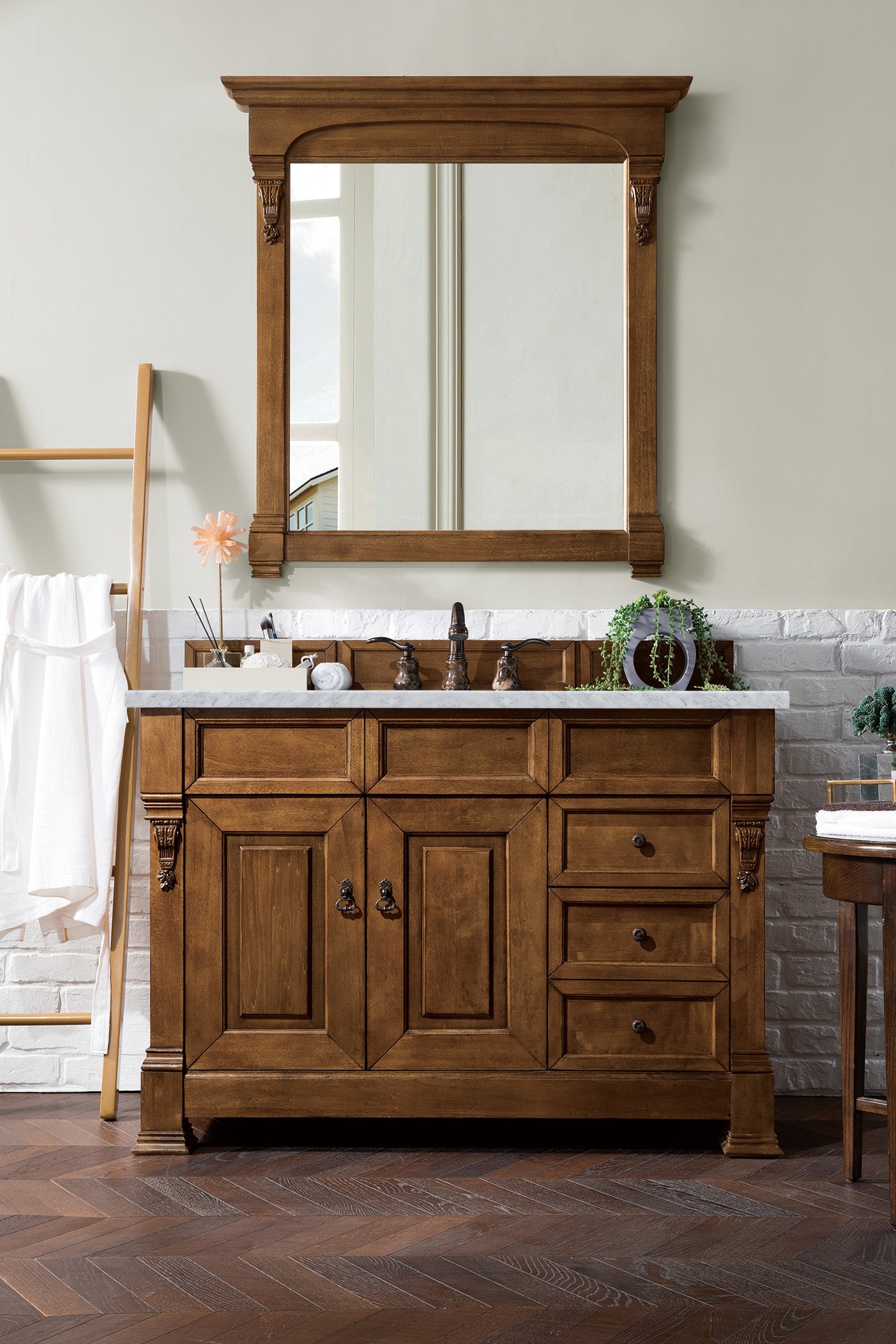 Brookfield 48 Inch Single Bathroom Vanity Set - Country Oak Finish with 3CM Carrara Marble Countertop | Perfect for Master Bath, Guest Bath & Powder Room Remodeling