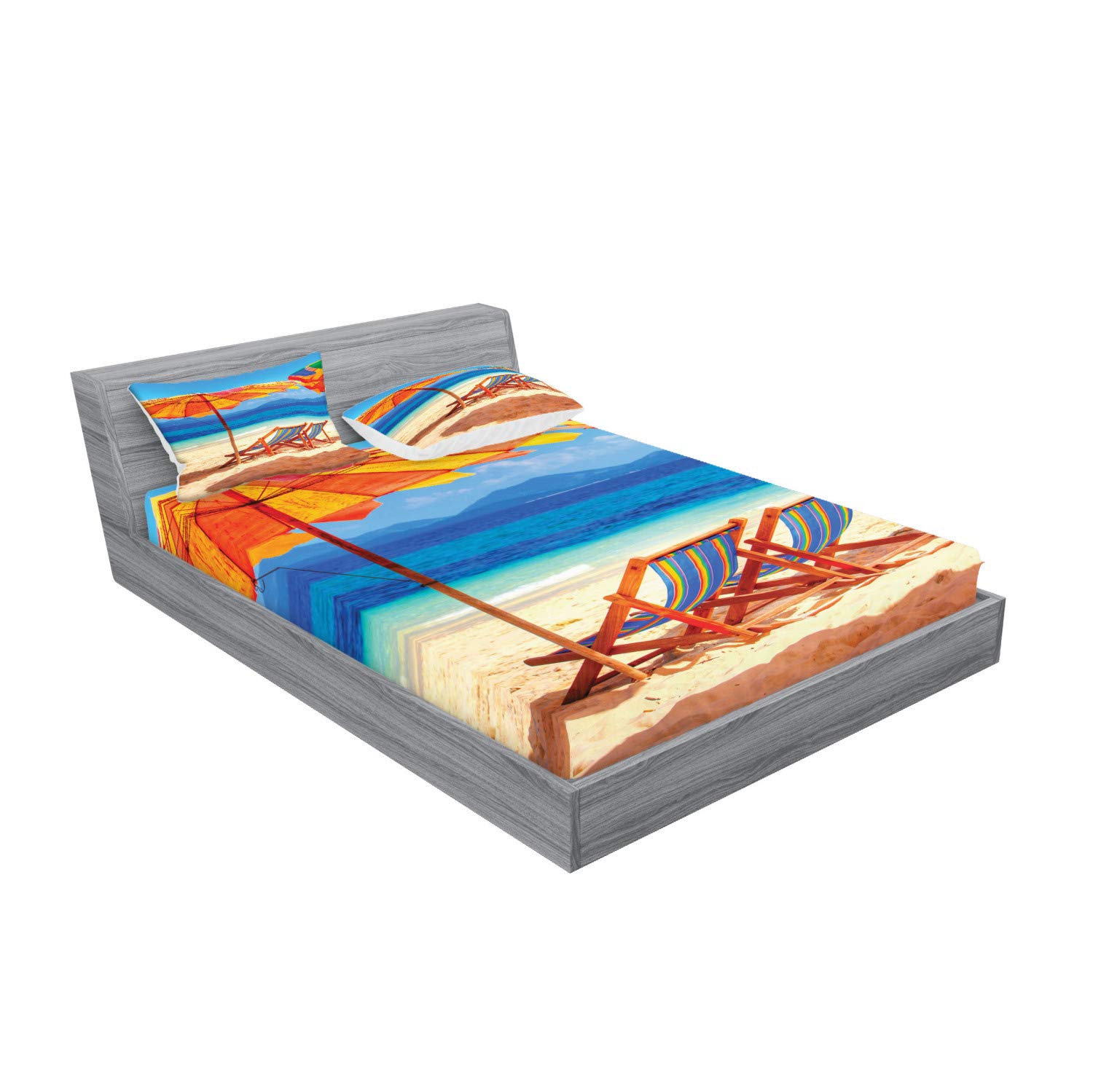Ambesonne Seaside Fitted Sheet & Pillow Sham Set - Tropical Thailand Beach Deck Chairs Print, 3-Piece King Size Bedding Set in Orange & Blue | Perfect for Coastal Themed Bedrooms, Vacation Homes & Beach House Decor