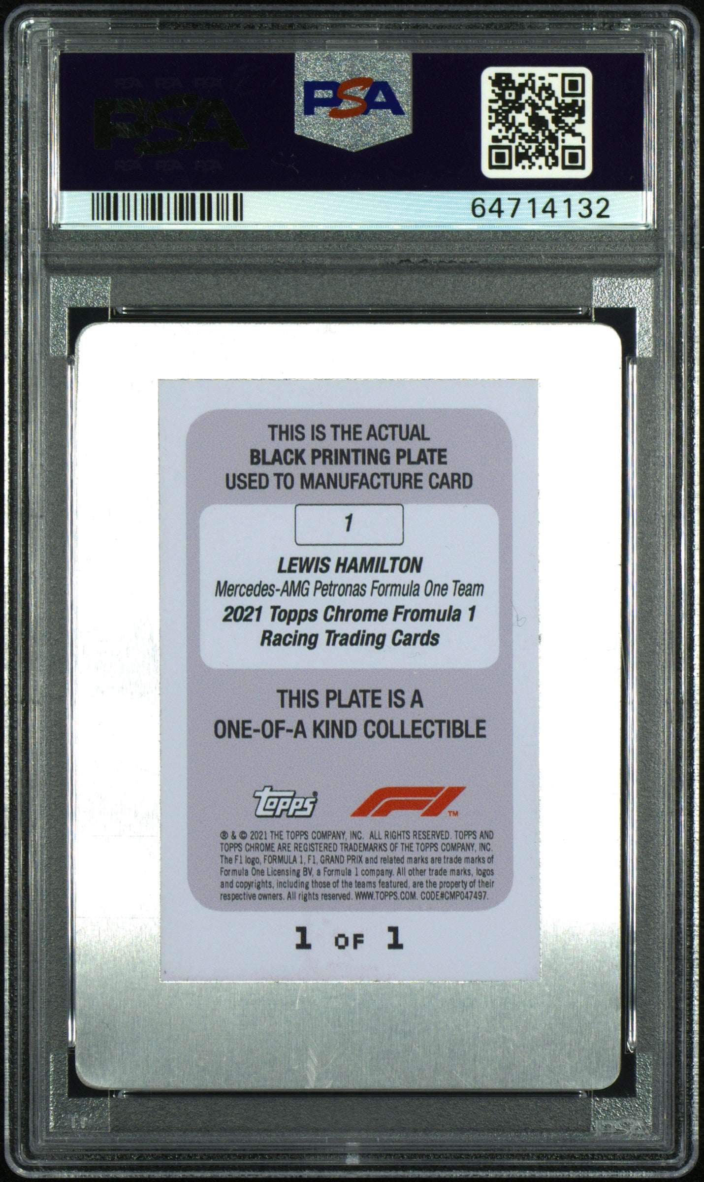 2021 Topps Chrome F1 Lewis Hamilton #1 Black Printing Plate - Limited Edition Collectible for F1 Fans, Racing Memorabilia, and Sports Card Enthusiasts - Perfect for Display, Trading, and Investment Collections