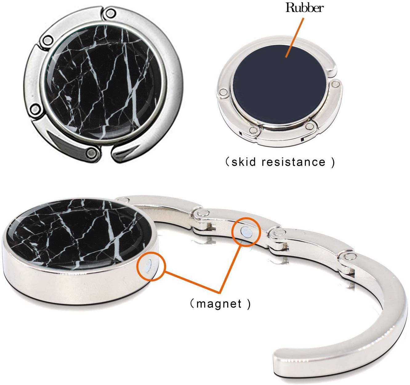 Foldable Purse Hook for Women - Black Marble Bag Hanger for Table & Desk - Portable Handbag Holder for Restaurants, Travel & Home Use (1 Pack)