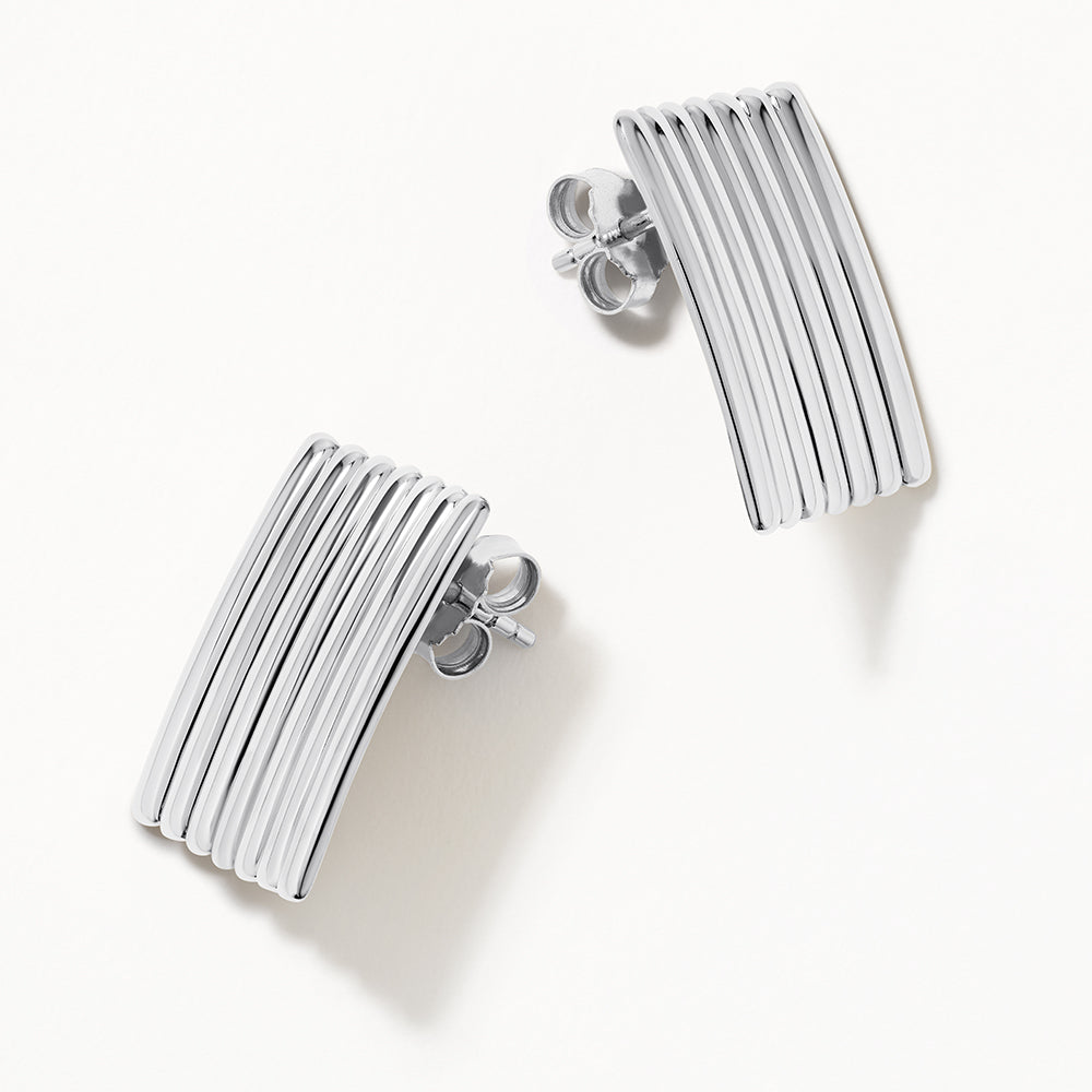 Silver Ribbed Square Stud Earrings for Women - Minimalist Geometric Jewelry for Everyday Wear & Gift Giving