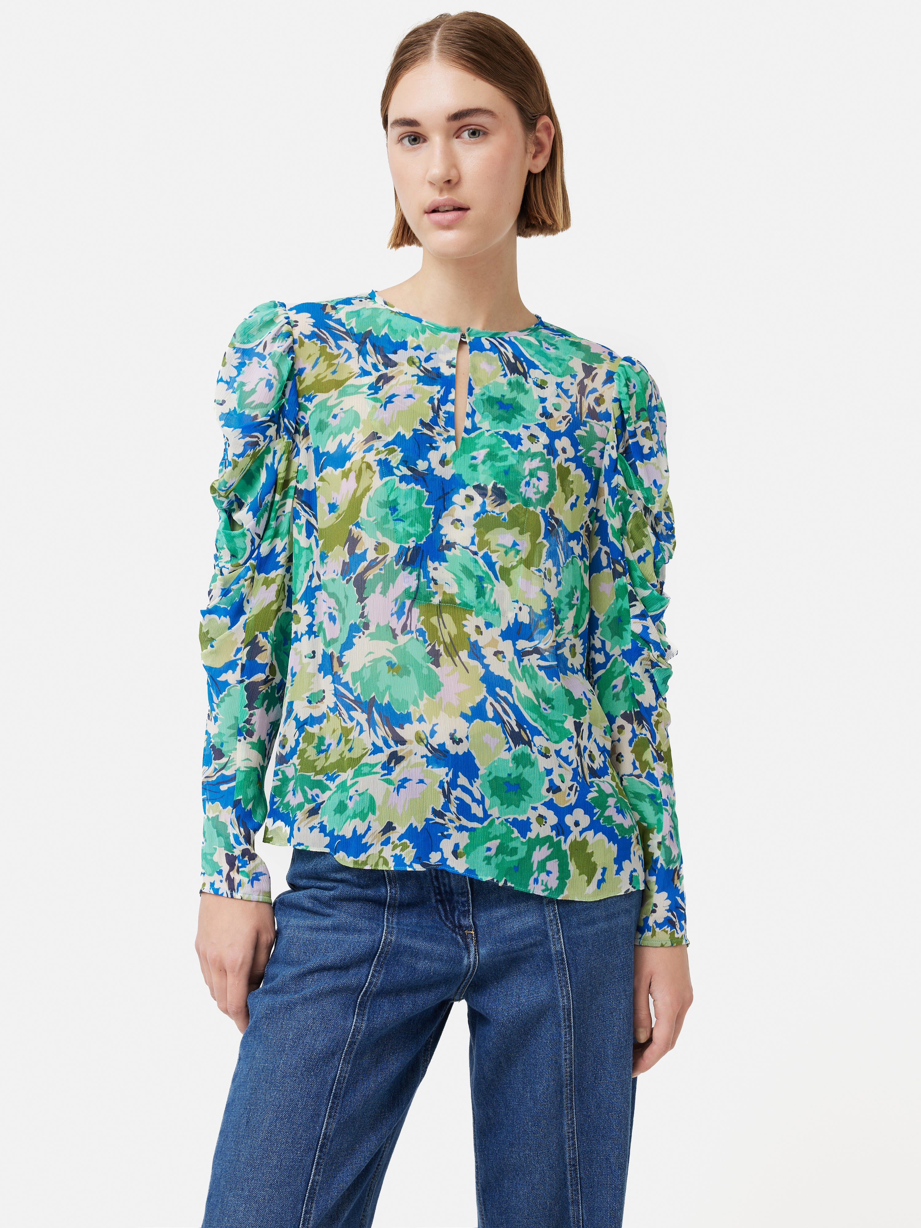 Abstract Meadow Crinkle Top | Green Flowy Blouse for Women - Perfect for Casual Outings, Boho Chic Style & Summer Fashion
