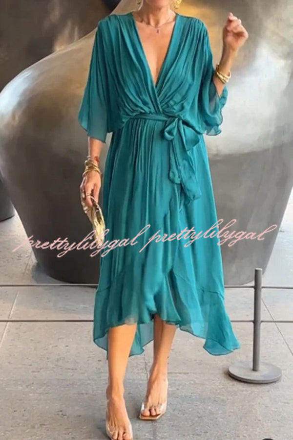 Elegant Solid Color V-Neck Batwing Sleeve Lace-Up Asymmetrical Hem Midi Dress for Women | Party, Cocktail, Wedding & Evening Occasions