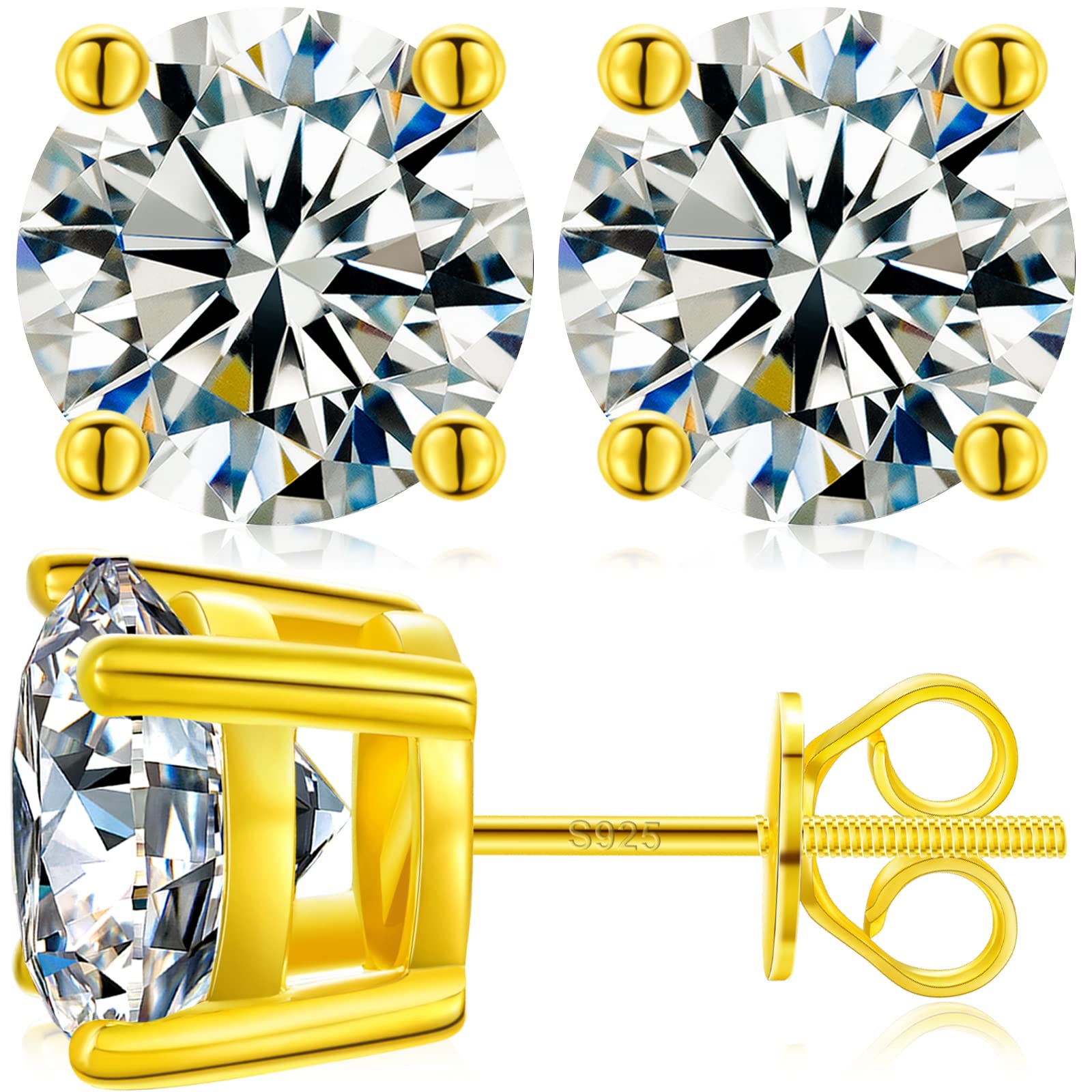 Moissanite Stud Earrings 0.2CT-8.0CT | 18K Gold Plated Sterling Silver | Round Cut D Color VVS1 Clarity | Screw Back for Secure Fit | Lab Created Diamond Alternative | Perfect Gift for Women, Girls & Men | Everyday Wear, Wedding, Anniversary & Special Occasions
