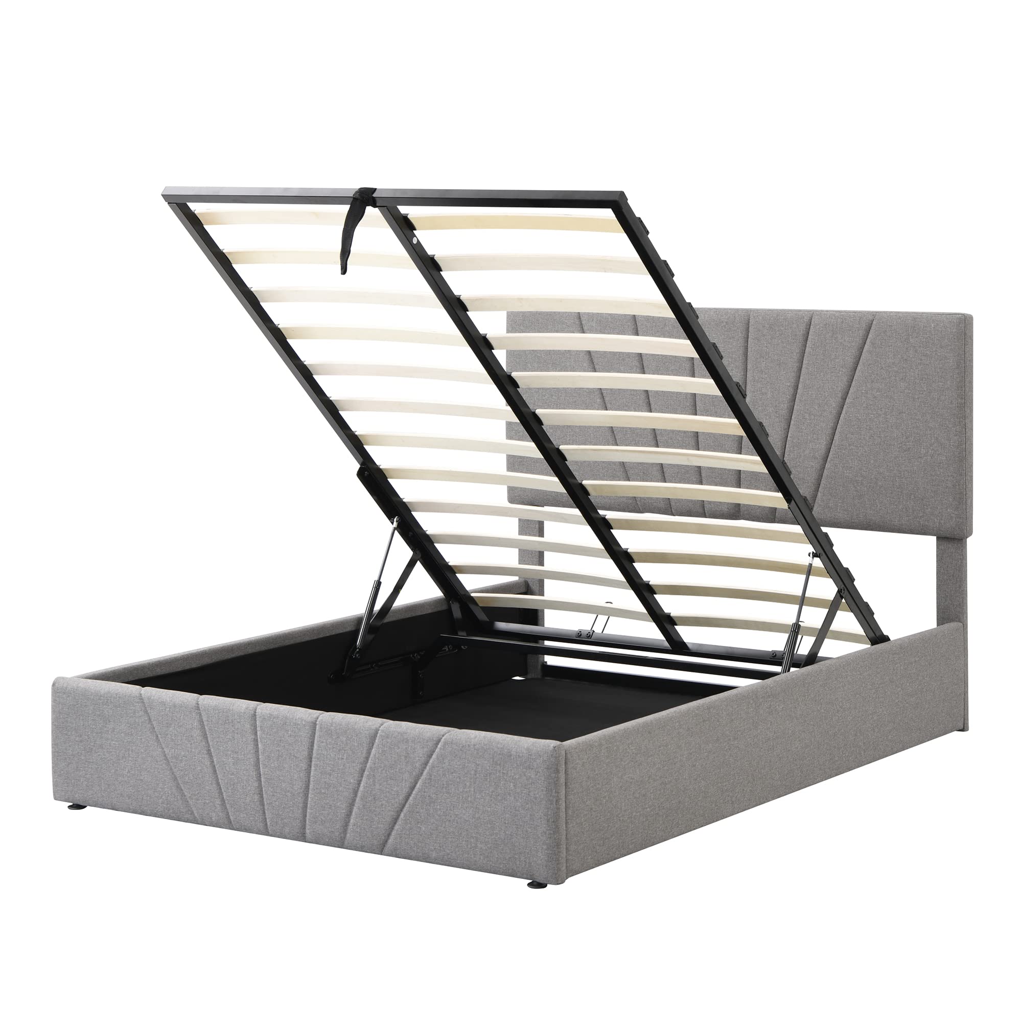 Full Size Upholstered Storage Bed with Hydraulic Lift System - Wooden Linen Fabric Platform Bed Frame with Classic Headboard & Under Bed Storage, Wood Slat Support (Gray) - Perfect for Small Bedrooms, Guest Rooms & Space-Saving Solutions