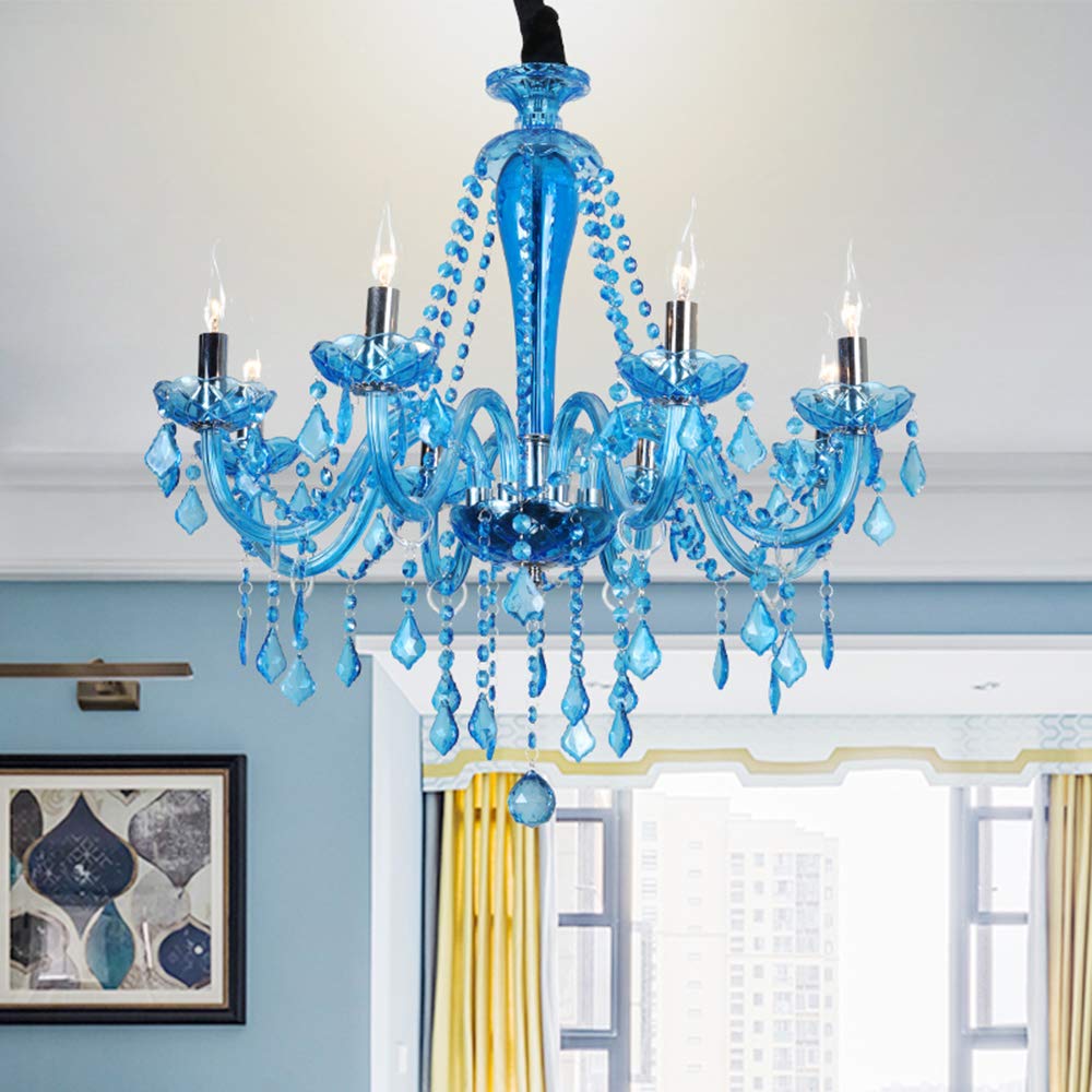 LITFAD 6-Light Rustic Crystal Chandelier - Clear Blue Tapered Candle Pendant Light with 12