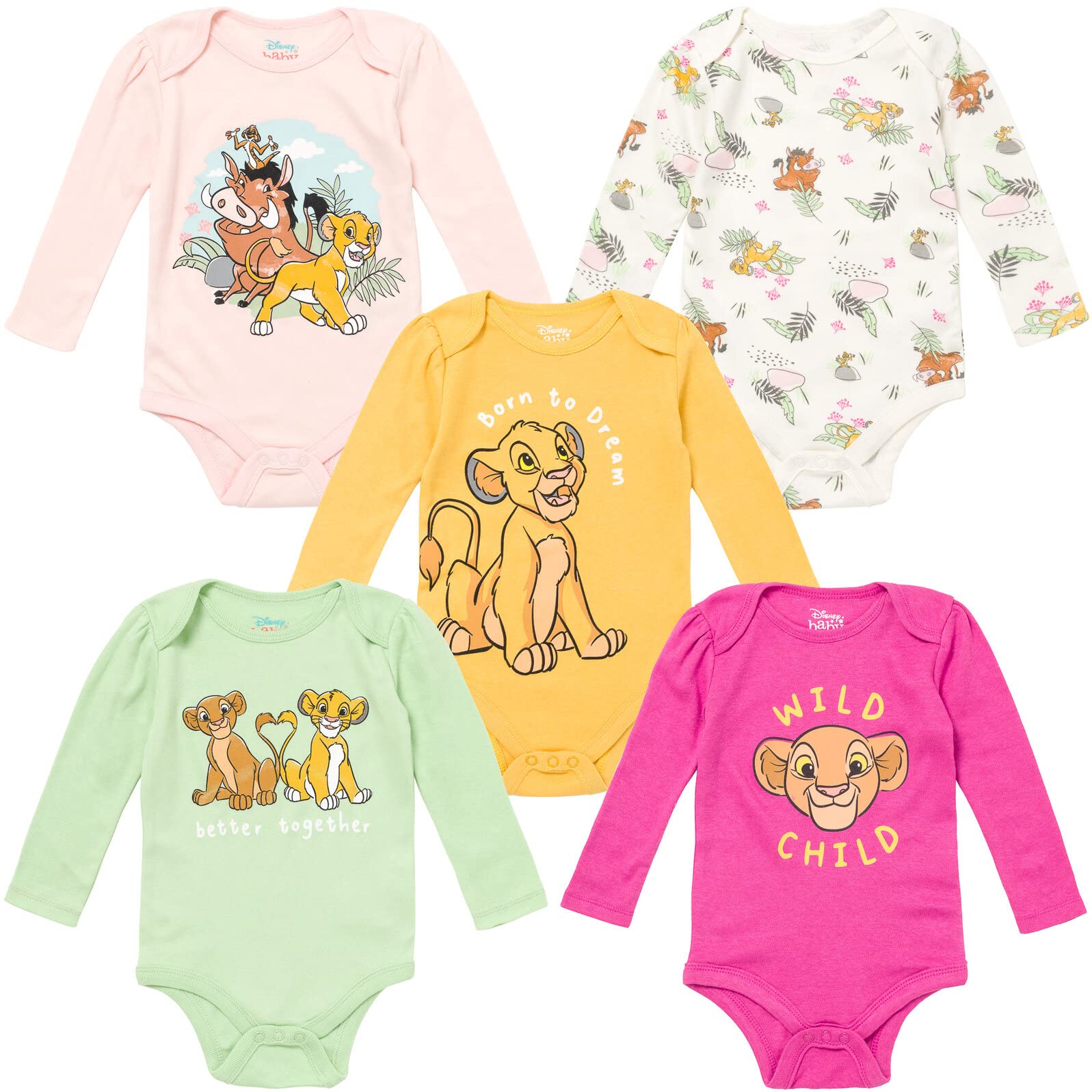 Disney Princess Baby Bodysuits 5-Pack - Lion King, 101 Dalmatians, Ariel & More | Newborn to Infant Cute Onesies for Girls | Perfect for Disney-Themed Parties, Photo Shoots & Everyday Wear