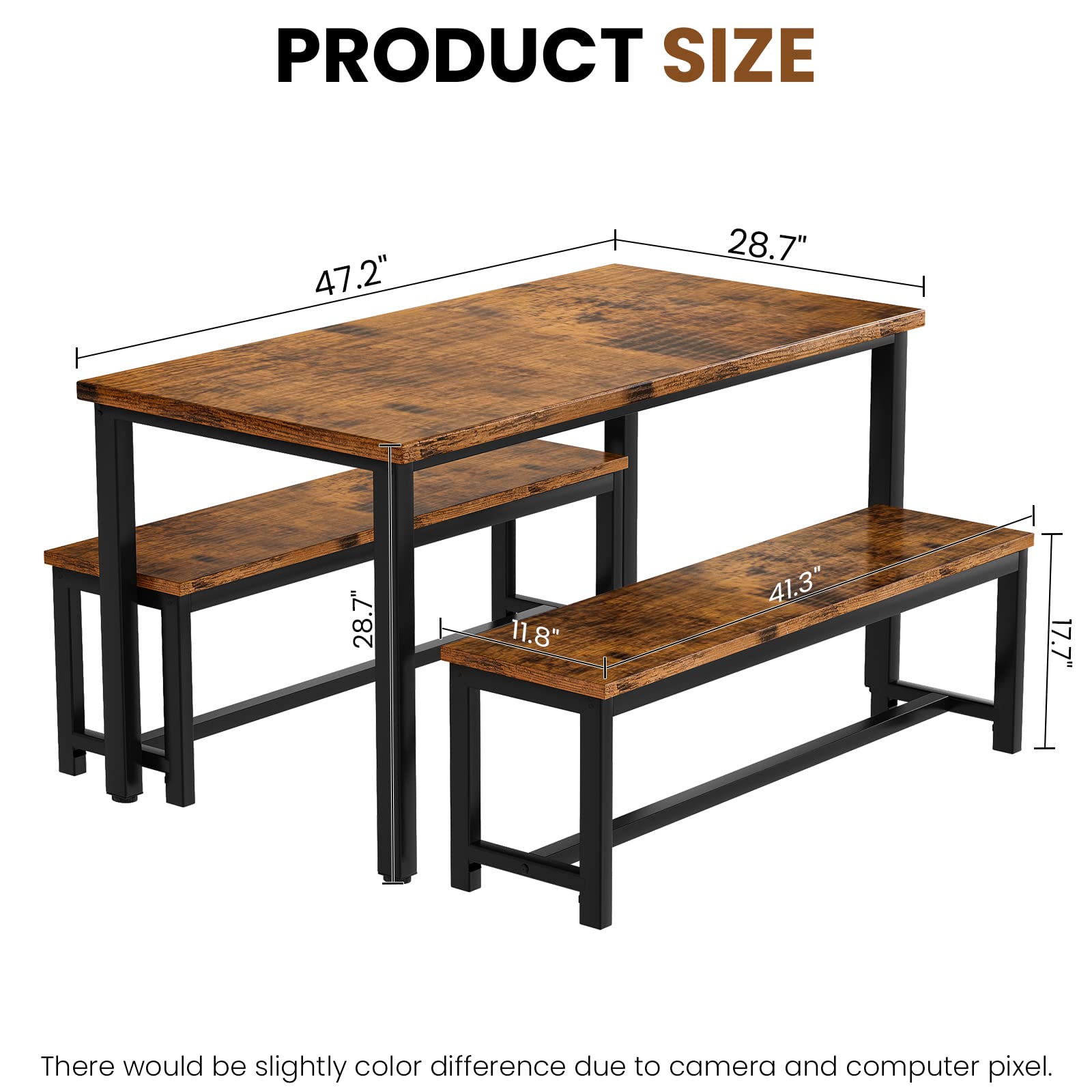 Rustic Brown AWQM Dining Table Set with 2 Benches - 47.2x28.7x28.7 Inch Kitchen Table & 40.5x11x17.7 Inch Benches - Perfect for Small Space Dining Rooms, Breakfast Nooks & Farmhouse Kitchens