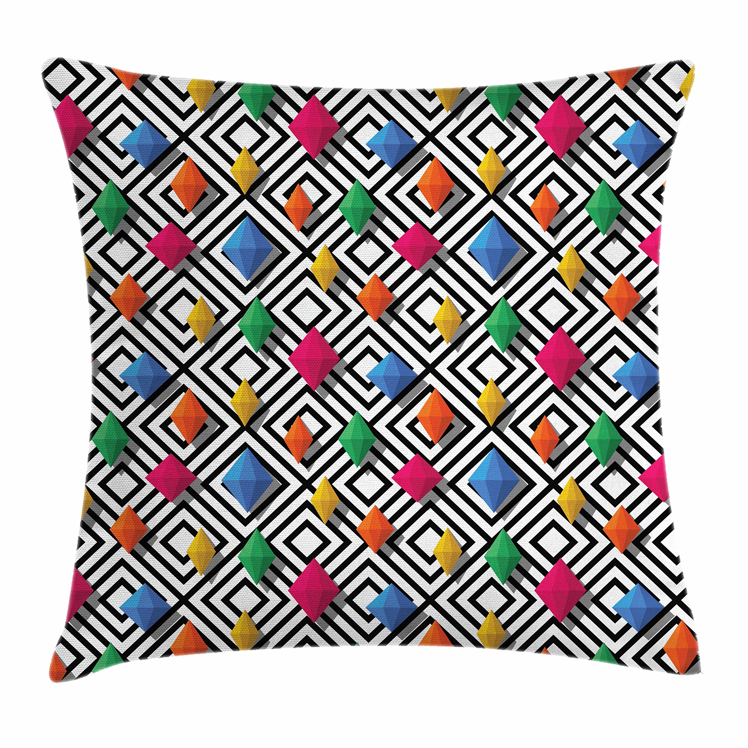 Ambesonne Geometric Throw Pillow Cover 20x20 Inches - 3D Diamond Gemstone Design on Black & White Background, Decorative Square Cushion Case for Sofa, Bed, Living Room - Vibrant Multicolor Accent Pillow
