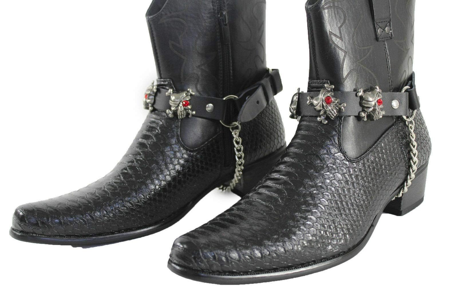 Men's Western Boot Bracelet - Silver Chain & Black Leather Strap with Pirate Skull Design - Chunky Statement Bangle Jewelry for Cowboy, Biker & Rock Fashion Accessories