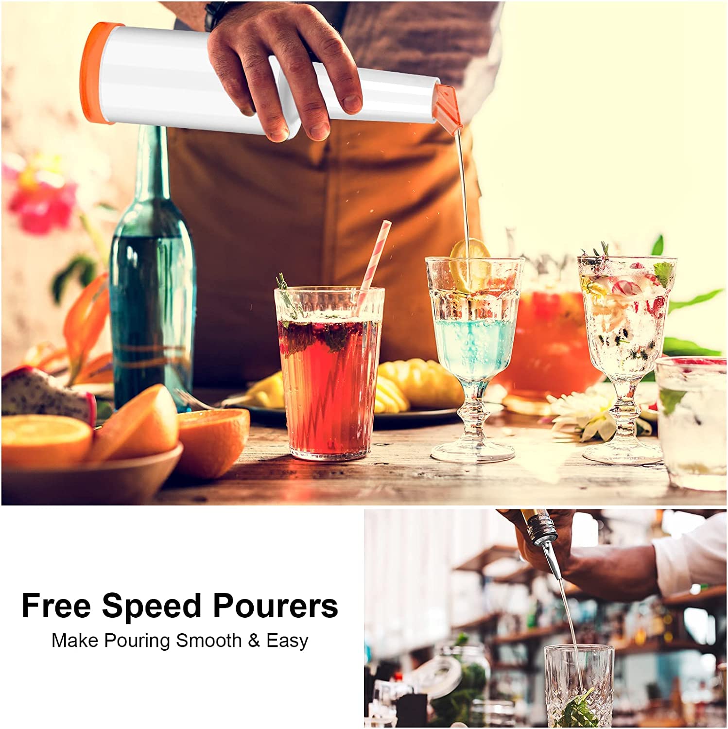 12 Plastic Juice Pour Bottles with 40 Stainless Steel Liquor Pourers - Durable Bar Accessories for Home Kitchen, Party & Commercial Use - Perfect for Cocktails, Coffee, Syrups & Beverage Dispensing