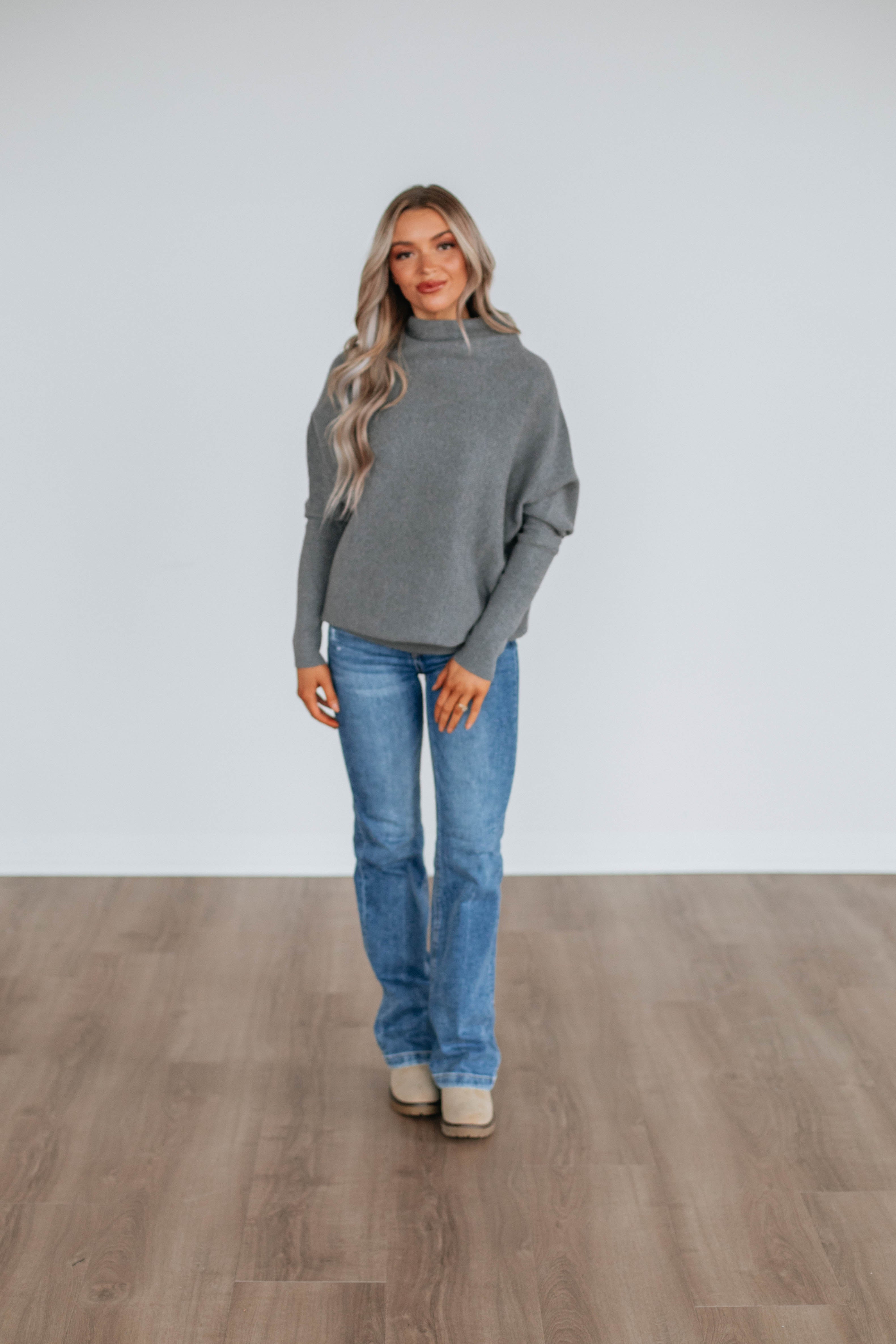 Gretchen Dolman Women's Grey Sweater - Soft Knit Pullover for Casual Wear & Fall Outfits