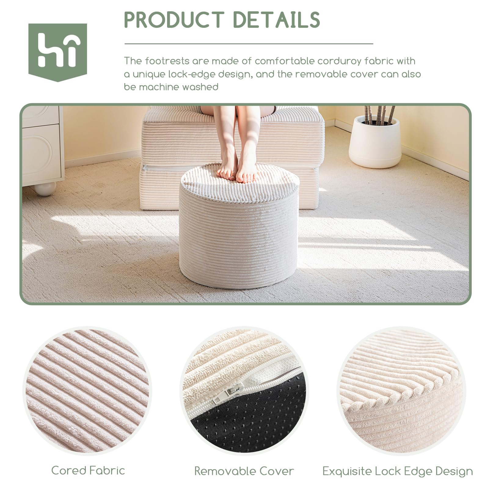 MAXYOYO Round Corduroy Footstool Ottoman - Soft Beige Pouf with High-Density Foam Filling for Living Room, Bedroom & Nursery - Versatile Seating, Footrest & Decorative Accent