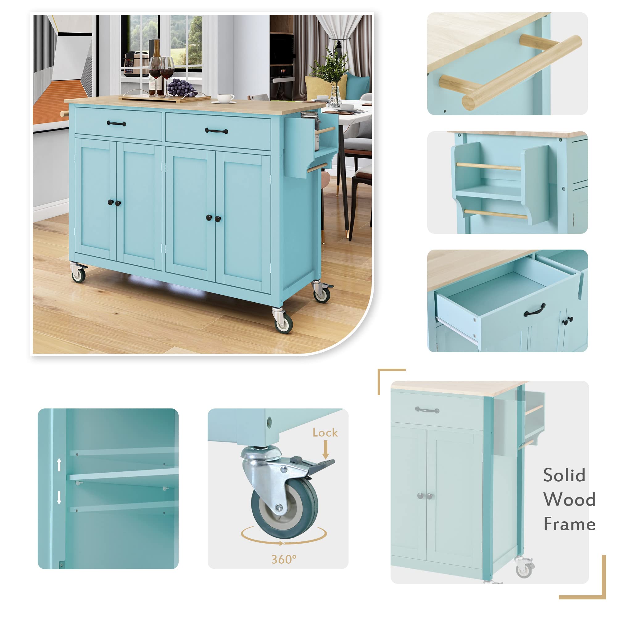 Large Rolling Kitchen Island with Storage Cabinets & 2 Drawers, Solid Wood Top, Mint Green - Perfect for Dining Room & Small Kitchen Spaces