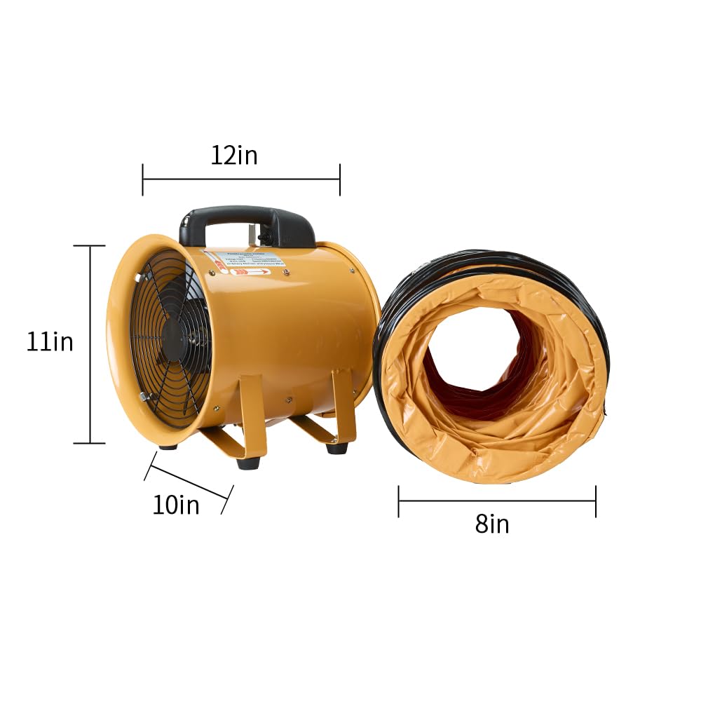 ONNAO 8 Inch High Velocity Utility Blower Fan - 3300 RPM Industrial Ventilator with 16 ft Flexible Duct Hose (1500 m³/h Airflow) - Perfect for Workshop, Garage, Basement & Home Ventilation