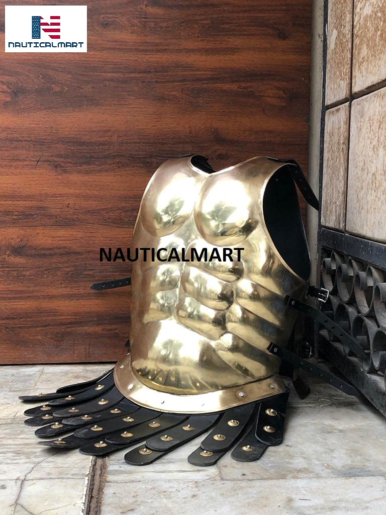 King Leonidas 300 Spartan Brass Helmet with Black Plume - Medieval Muscle Armor Jacket - Brass Antique Leg & Arm Guards - Spartan Warrior Costume for Cosplay, Halloween & Historical Reenactments