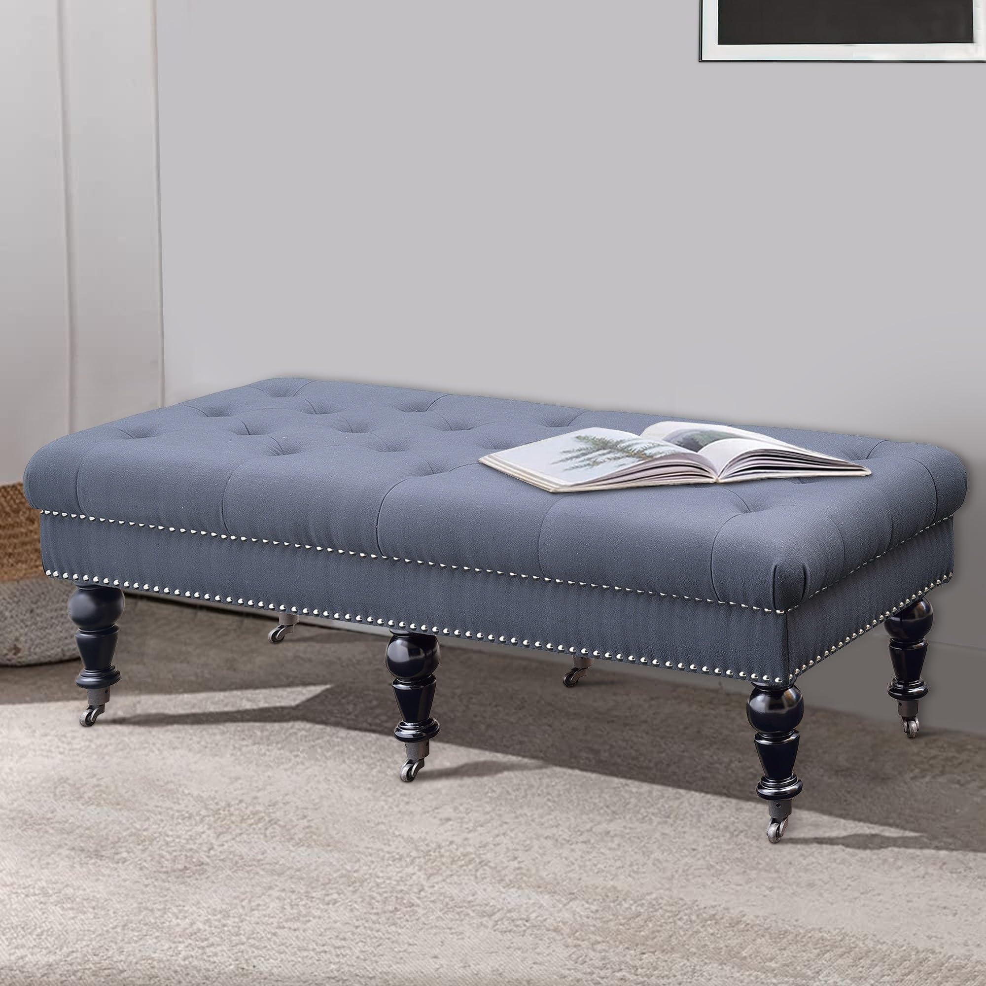 Benjara Button Tufted Upholstered Bench with Caster Wheels - Black & Blue Velvet Storage Ottoman for Bedroom, Living Room, Entryway - Perfect for Seating & Extra Storage