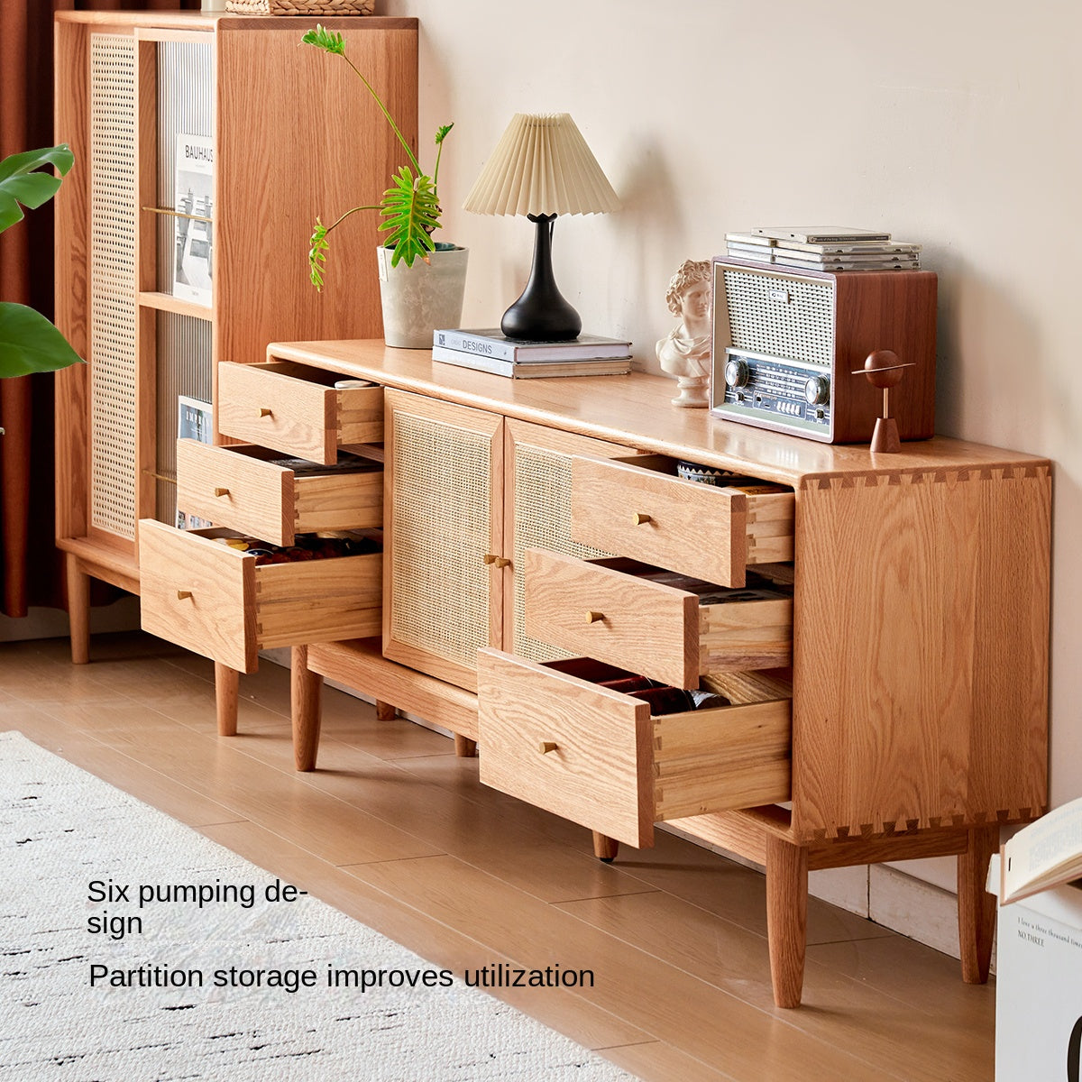 Modern Oak Solid Wood Rattan TV Stand with Storage - Entertainment Center for Living Room, Bedroom & Home Theater Setup