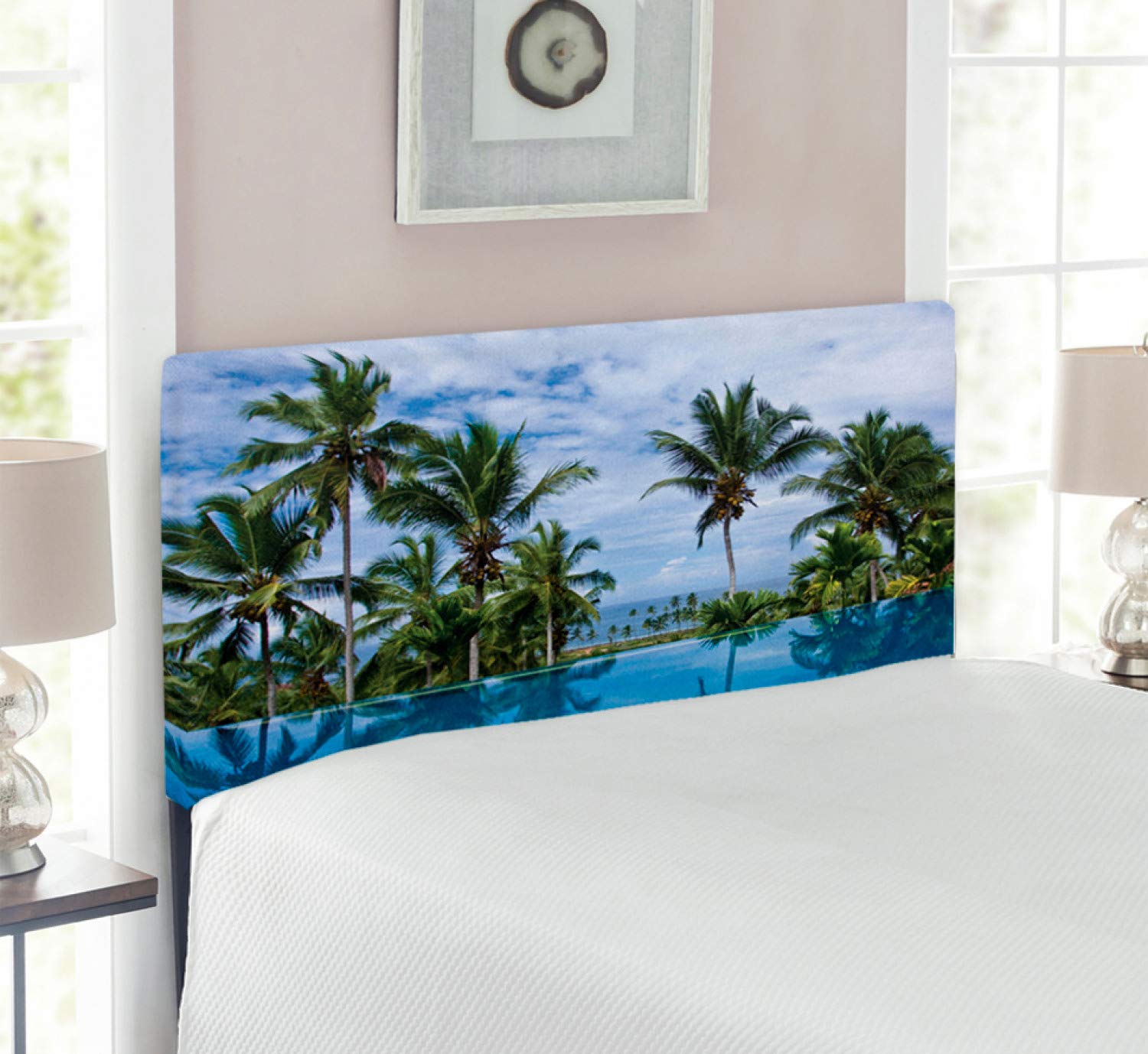 Ambesonne Tropical Landscape Headboard - Infinity Pool with Palm Reflections & Crystal Blue Water - Upholstered Metal Bed Headboard with Memory Foam - Twin Size (Blue Green White) - Perfect for Beach-Themed Bedrooms & Resort-Style Home Decor
