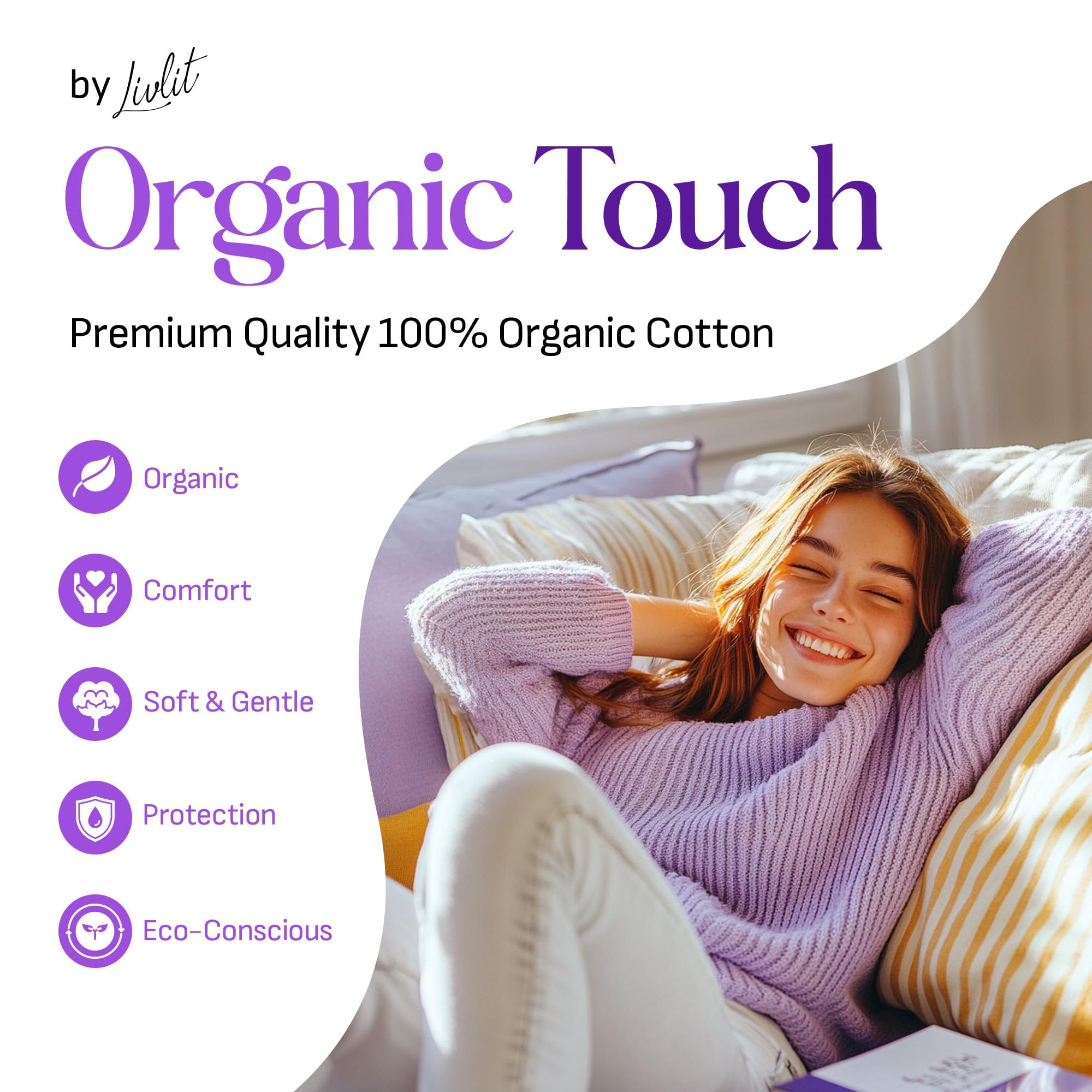 Organic Cotton Overnight Sanitary Pads for Women - Heavy Absorbency, Leak Proof, Unscented, Extra Long Length - 100% Texas Grown Cotton (10 Count) - Ideal for Heavy Flow Days, Postpartum Care & Comfortable Nighttime Protection
