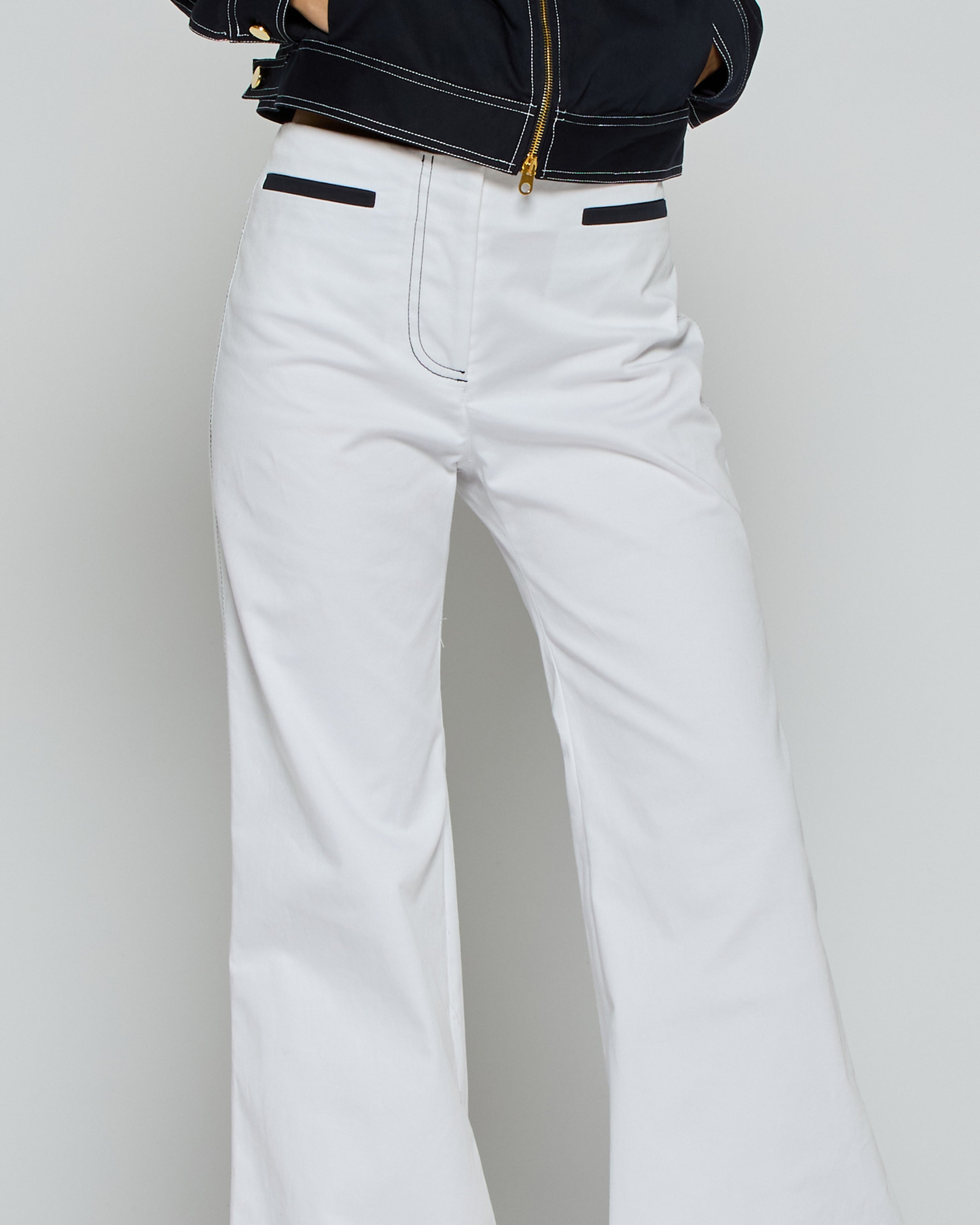 Women's High Waist Flare Pants with Contrast Pockets - White | Casual & Office Wear | Perfect for Work, Date Night & Everyday Outfits