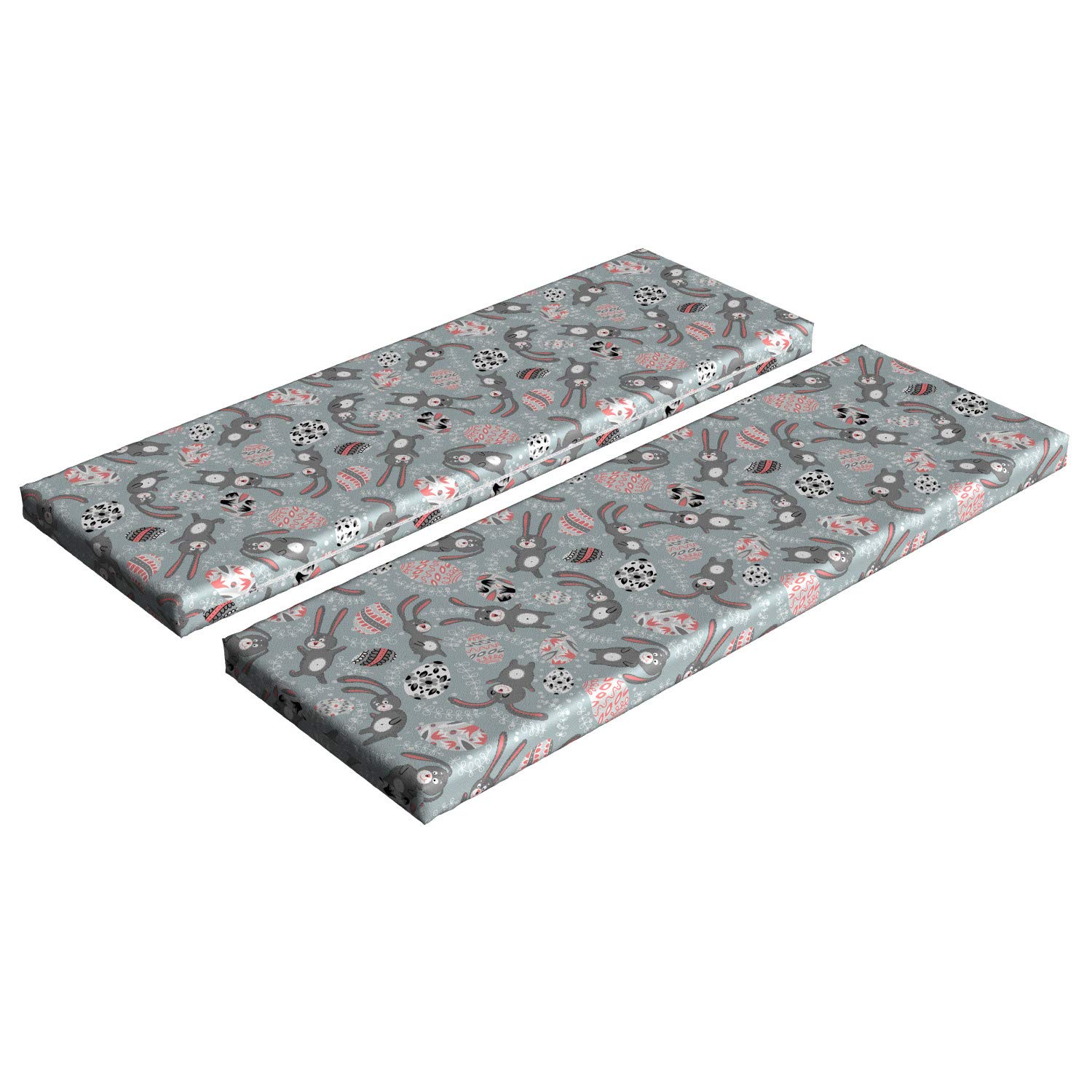 Ambesonne Easter Bench Cushion Set of 2 - Cartoon Bunny Design with Spring Branches & Eggs, Standard Size Foam Seat Cushions with Decorative Cover in Blue-Grey, Black & Coral | Perfect for Outdoor Patio, Garden Bench or Indoor Decor