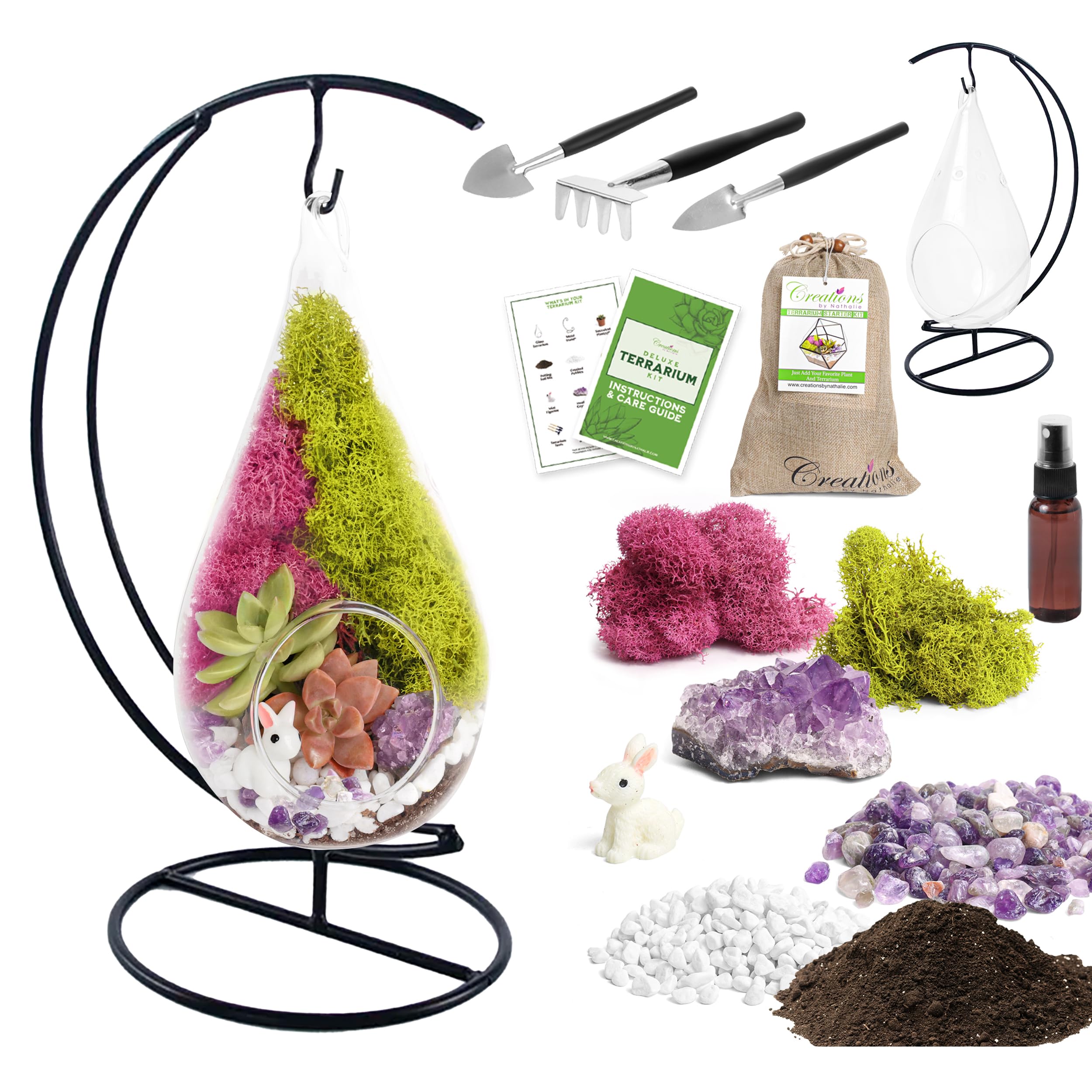 DIY Glass Terrarium Kit with Metal Stand - Complete Starter Set for Adults Includes Reindeer Moss, Crystals, Rocks, Tools & Mini Figurines | Perfect for Home Decor, Office Desk, Gift Ideas & Plant Lovers