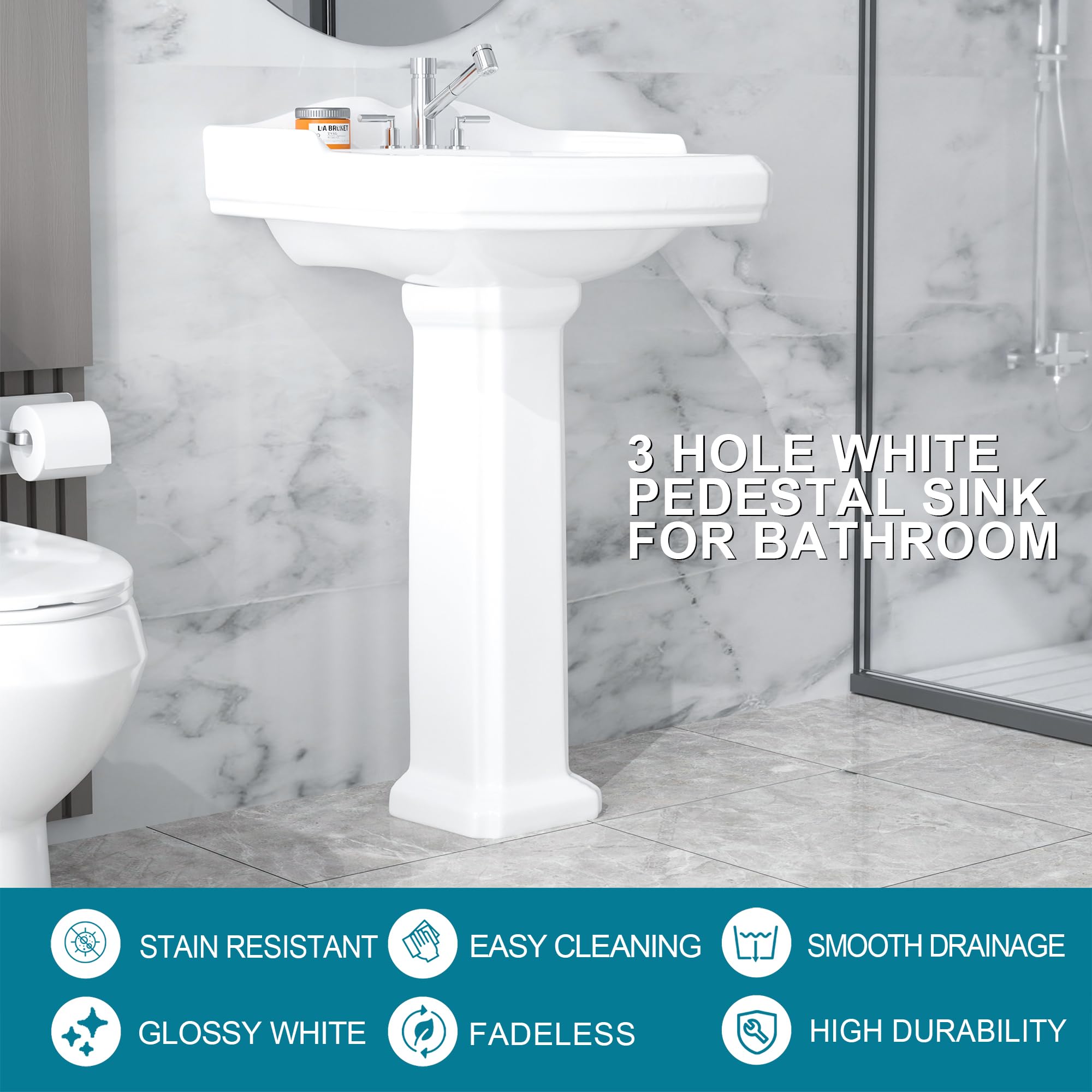 23 x 19 Inch White Porcelain Pedestal Sink with Backsplash - 3 Hole Faucet & Overflow Drain - Modern Rectangular Bathroom Vanity for Small Spaces - Perfect for Powder Rooms, Guest Baths & Apartment Renovations