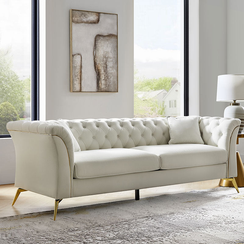 Modern Luxury Glam Velvet Sofa with Tufted Buttons & Gold Metal Accents - Elegant Living Room Furniture for Home Decor, Lounge & Entertaining
