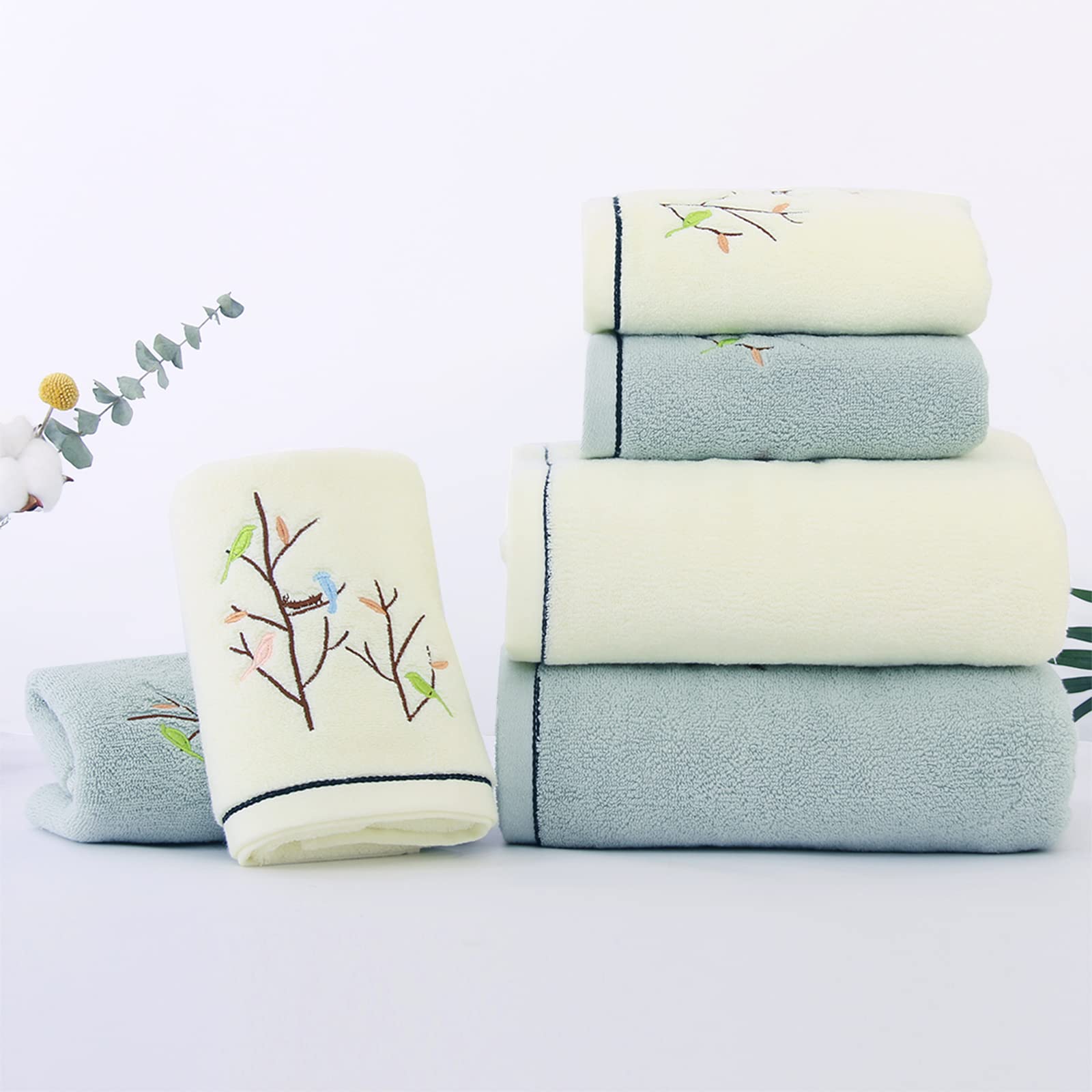 Pidada 4-Pack Embroidered Bird Tree Hand Towels - 100% Cotton, Super Absorbent & Soft Bathroom Towels for Decorative Use (Light Yellow) | Perfect for Guest Bathrooms, Powder Rooms & Farmhouse Decor
