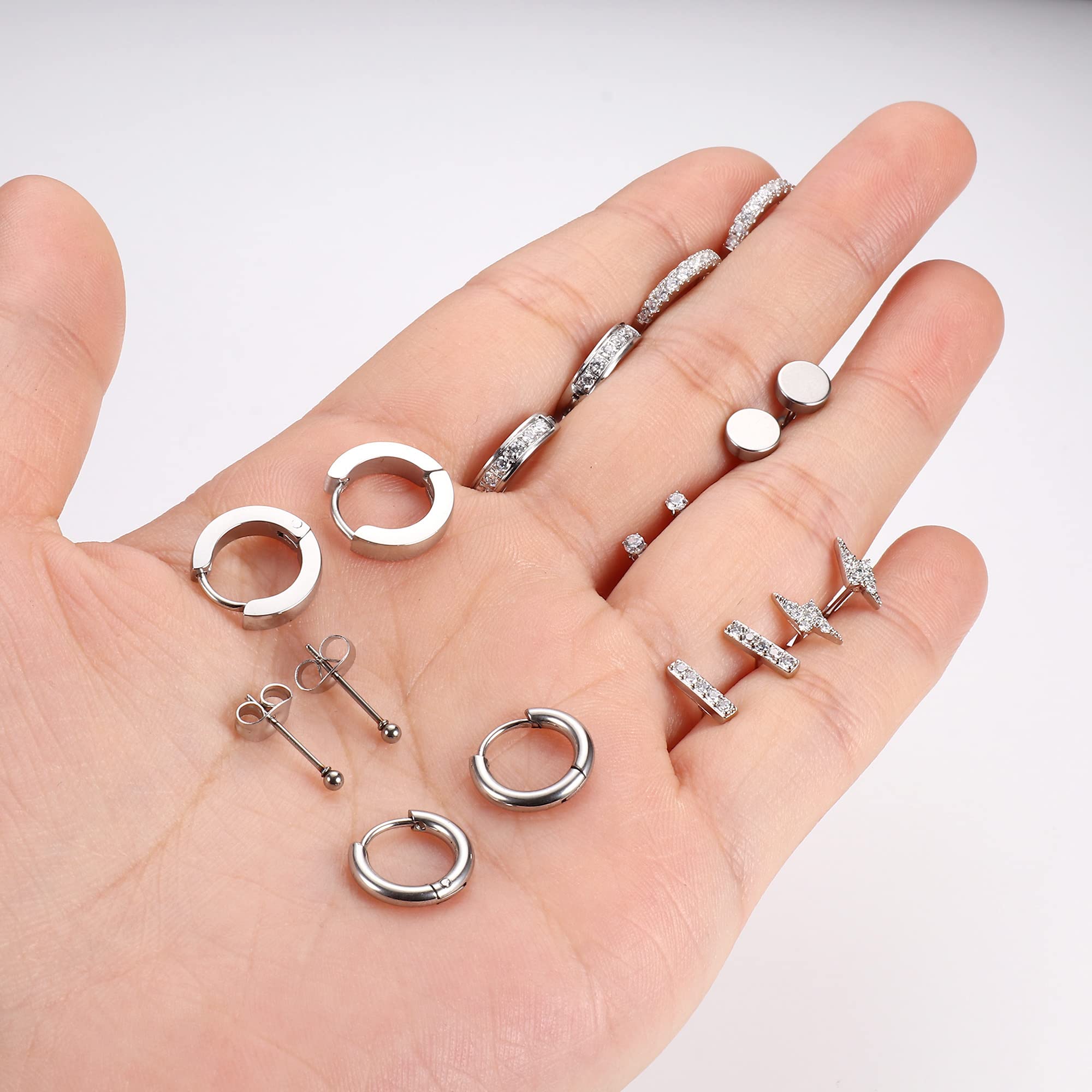 FASACCO 9 Pairs Small Huggie Hoop Earrings & CZ Bar Stud Earrings Set for Multiple Piercing - Minimalist Dot Studs for Women, Girls | Everyday Wear, Parties, Gifts