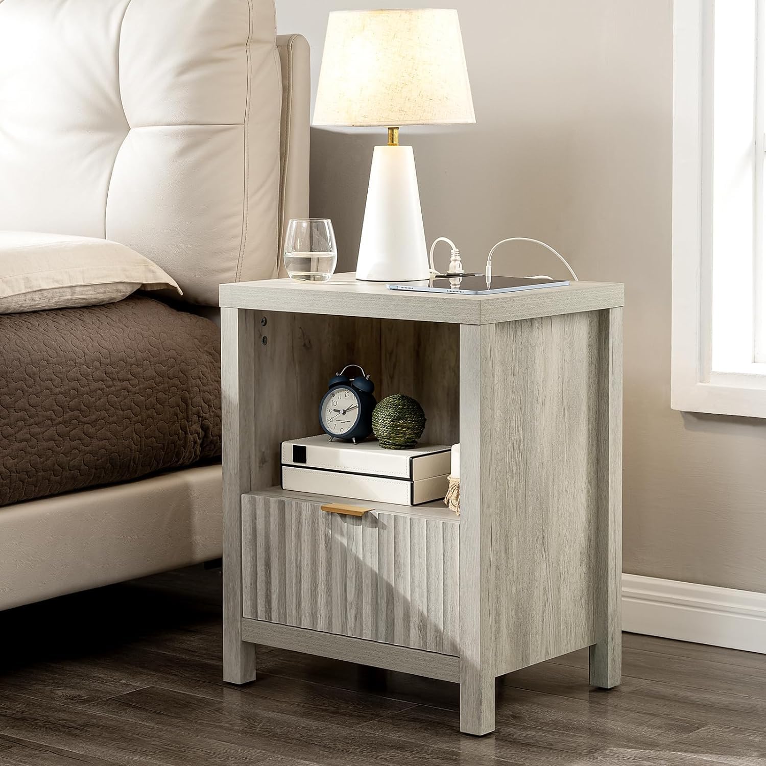 2-Piece Fluted Nightstand Set with Charging Station & Drawer Storage - Mid Century Modern Bedside Table for Bedroom, Living Room | Sofa Couch End Table in Grey Oak | Perfect for Small Spaces & Phone Charging by Bed