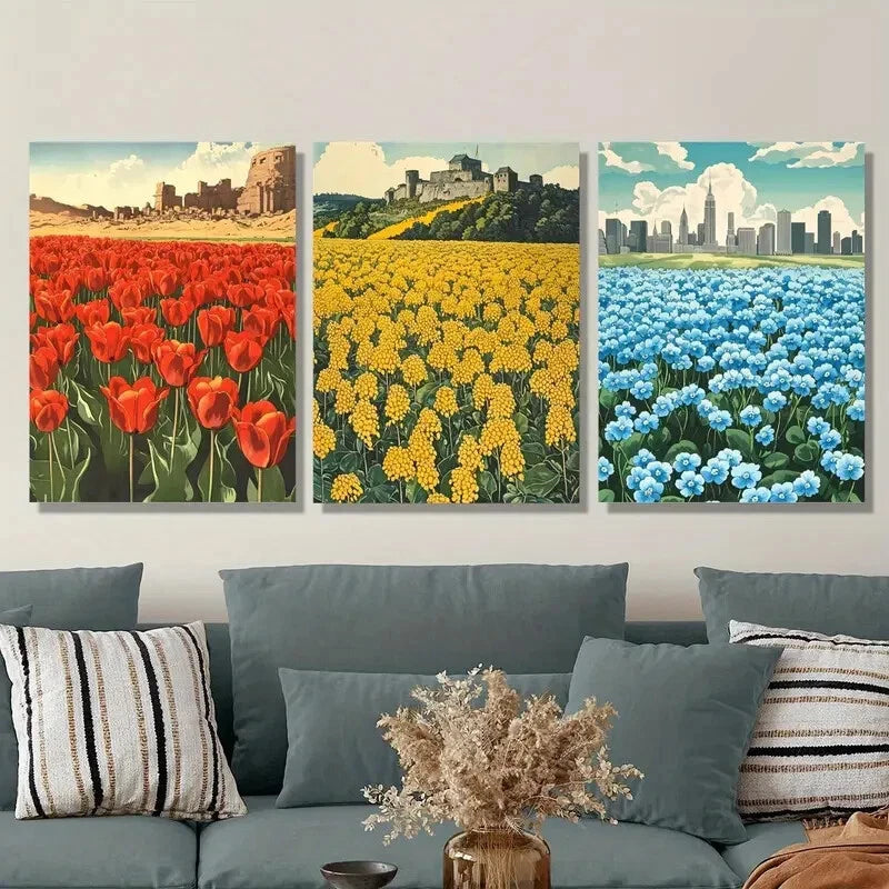 3-Piece Botanical Flower Field Metal Print Wall Art - Red & Yellow Floral Decor - Ready to Hang for Living Room, Bedroom or Office