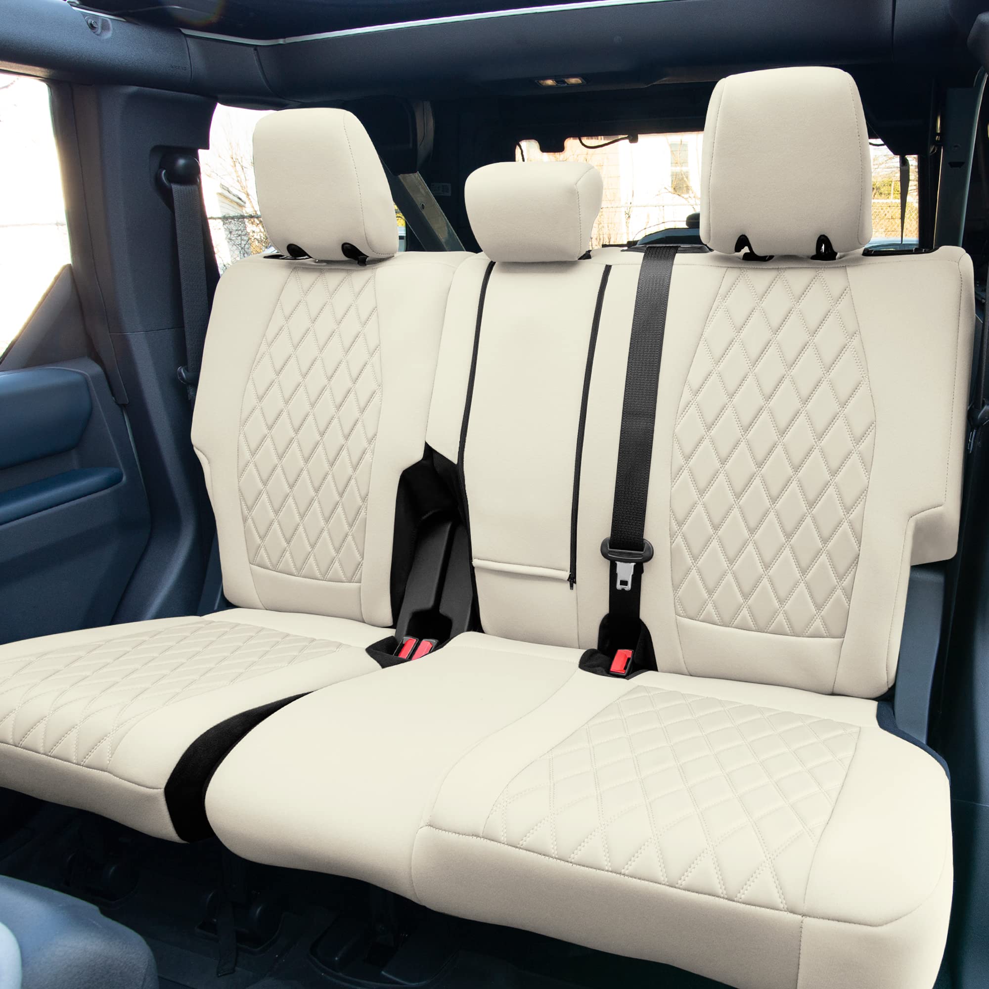 Custom Fit Neoprene Seat Covers for Ford Bronco 2021-2022 SUV - Water Resistant Neosupreme Front & Rear Set in Solid Beige | Perfect for Off-Roading, Camping & Daily Commute
