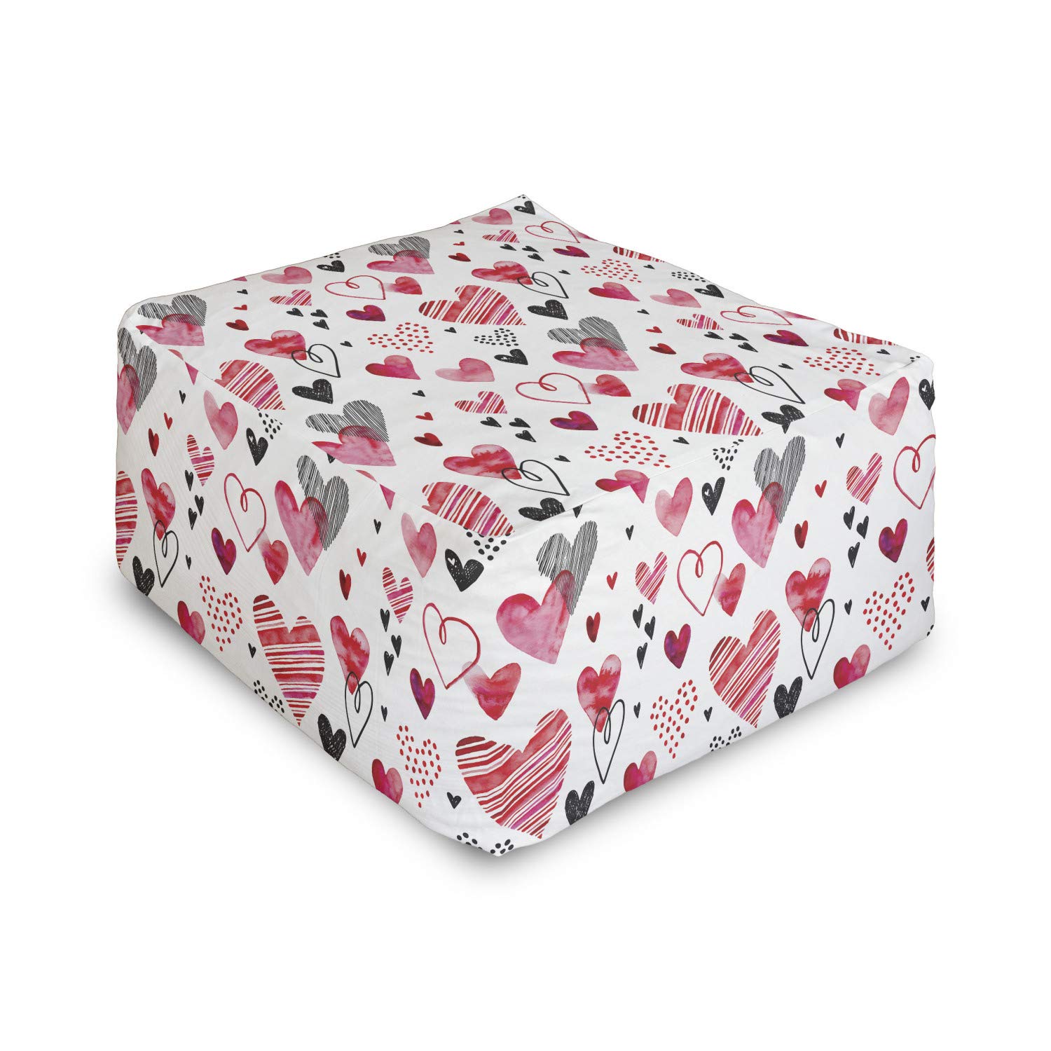 Ambesonne Valentine Rectangle Pouf - Romantic Watercolor Heart Pattern Foot Stool Ottoman with Removable Cover, 25