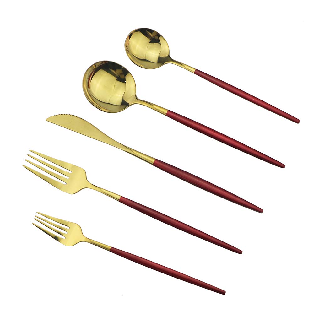 Gugrida 36-Piece Stainless Steel Silverware Set - 304 Mirror Polished Flatware with Red & Gold Handles, Forks Spoons Knives for 6 People, Elegant Curved Design - Perfect for Dinner Parties, Restaurants, and Home Dining