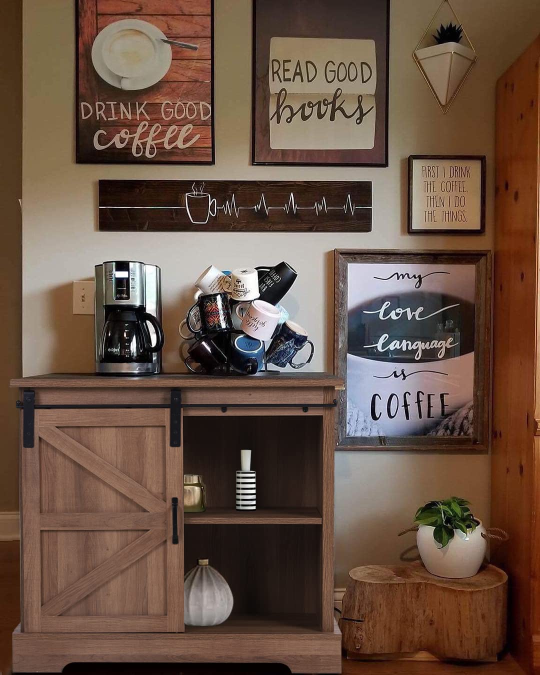 Farmhouse Coffee Cabinet - 32 Inch Sliding Barn Door Accent Cabinet with Storage for Living Room, Bathroom & Kitchen - Rustic Oak Wood Buffet Table & Entryway Organizer - Perfect for Home Decor, Coffee Bar Setup & Dining Room Storage