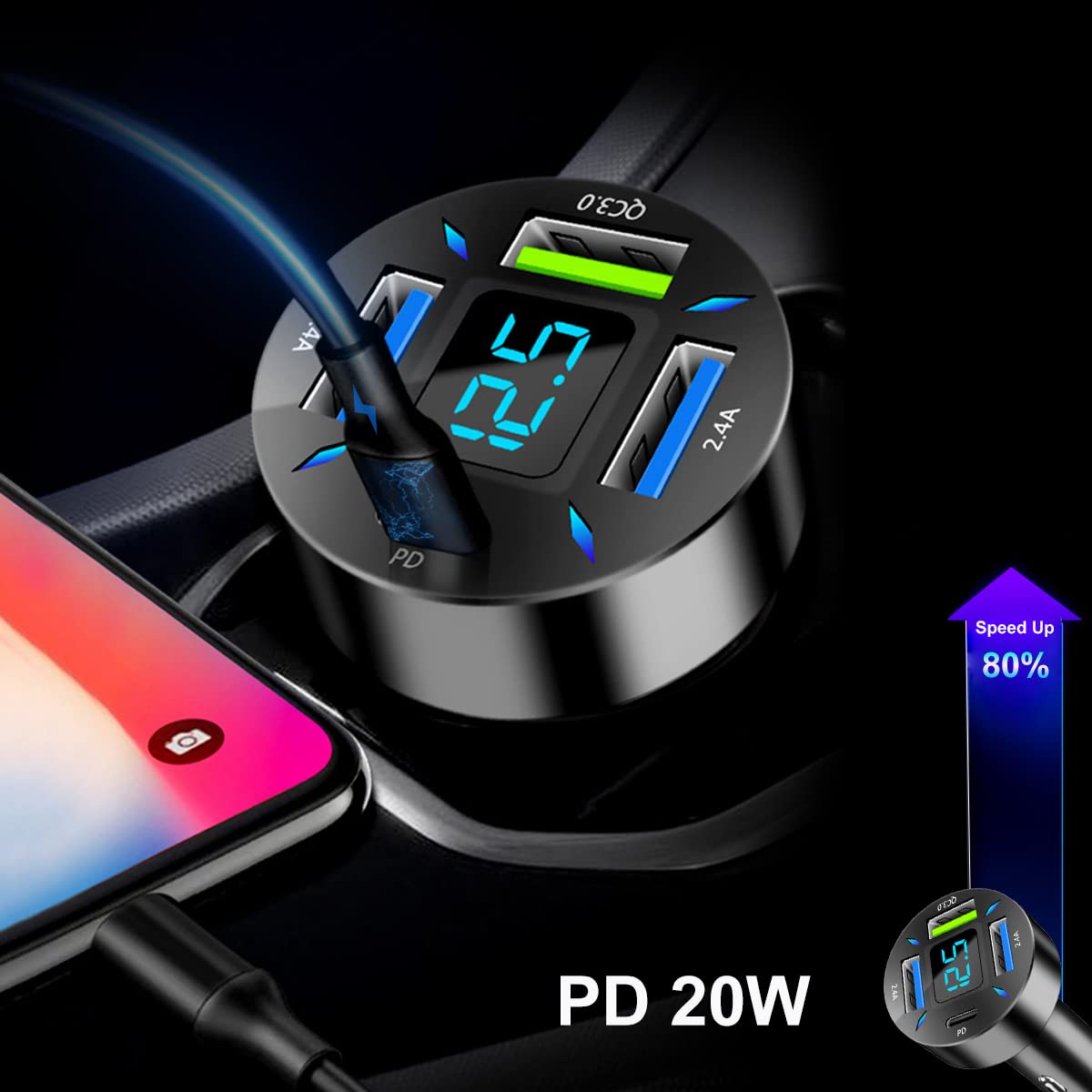 GemCoo 50W USB C Car Charger Adapter with PD QC3.0 Fast Charging & LED Voltmeter - Dual Port Car Phone Charger for iPhone 15/14/13/12/11 Pro Max, iPad, Samsung Galaxy S24/S23/S22/S21 - Perfect for Road Trips & Daily Commute Charging