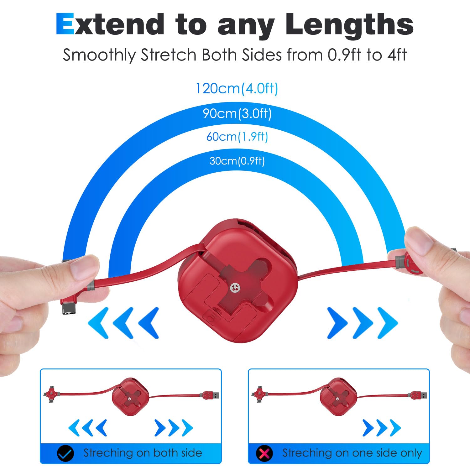 3-in-1 Retractable Multi Charging Cable (1.2m) - Fast Charging with Lightning/Type-C/Micro USB for iPhone, Android, iPad, Galaxy, PS4, Tablets - Perfect for Travel, Home & Office Use