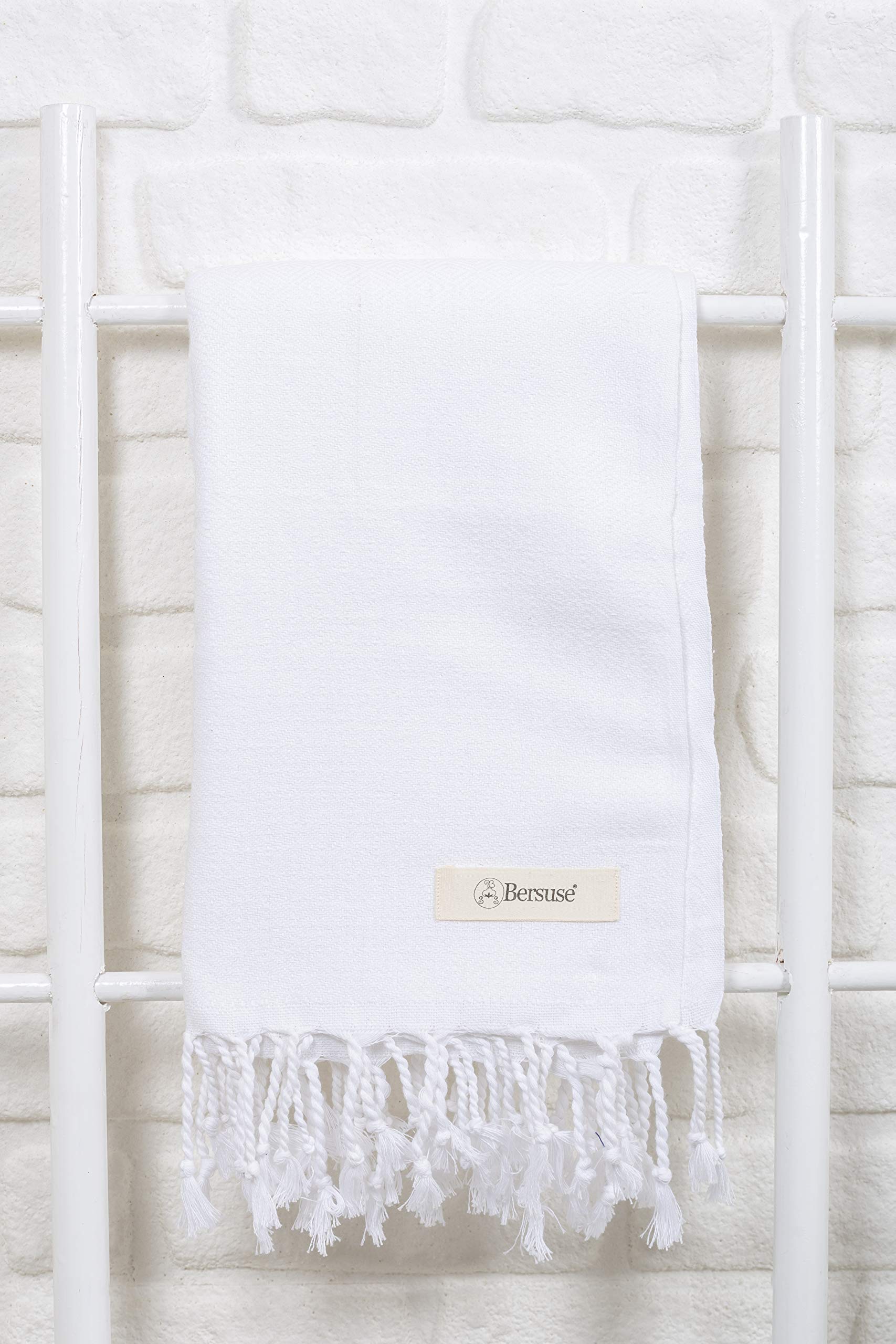 Bersuse 100% Cotton Turkish Bath Towel - Ultra Soft & Absorbent Beach Towel for Pool, Spa & Travel - 37x70 Inches Large Size - Perfect for Vacation, Yoga & Picnic - White (Set of 3)
