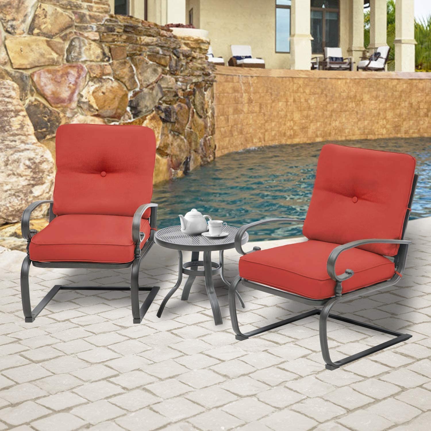 SOLAURA 3-Piece Outdoor Patio Furniture Set - Iron Frame Bistro Chairs with Cushions & Side Coffee Table - Red - Perfect for Garden, Backyard, and Poolside Relaxation