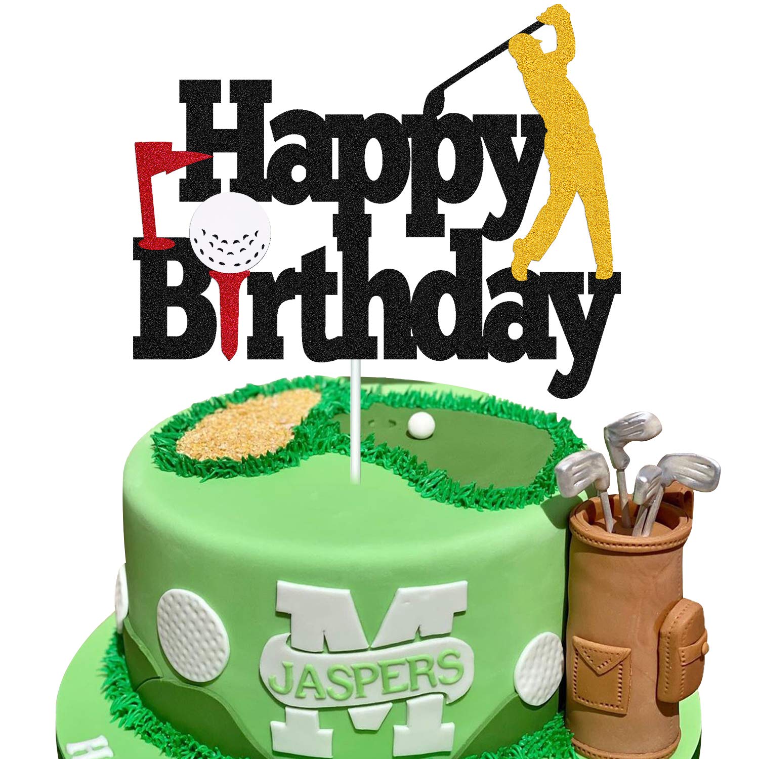 Golf Cake Topper - Happy Birthday Sign with Golf Ball Player Design for Sports Theme Parties | Double Sided Black Sparkle Decor for Men, Women & Kids Birthday Cakes | Perfect for Golf Lover's Birthday Celebration, Retirement Party & Sports Themed Events
