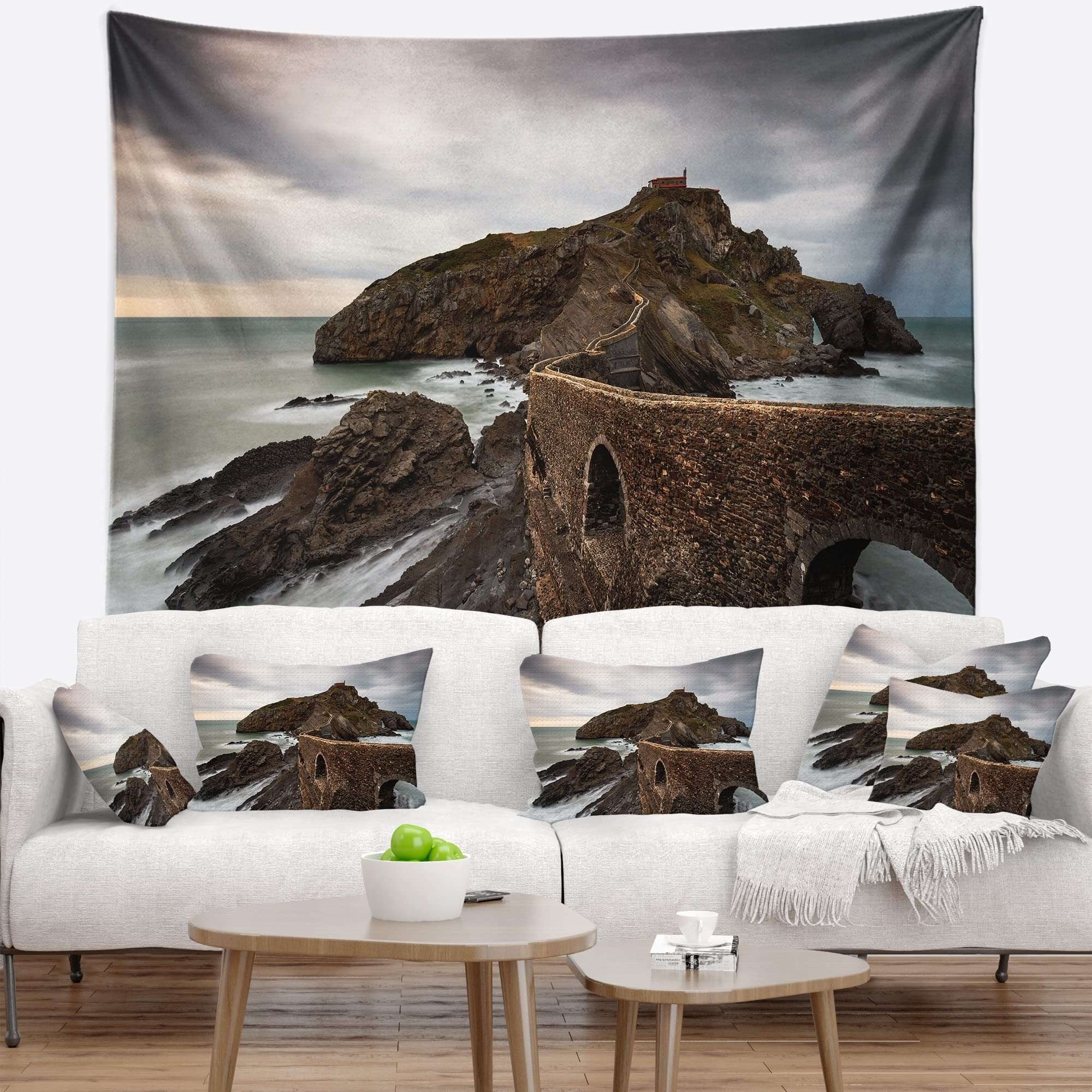 Designart Cape and Chapel in Spanish Beach Oversized Tapestry Wall Hanging - 92 x 78 Inches - Coastal Home Decor, Bohemian Bedroom Aesthetic, Living Room Accent Piece
