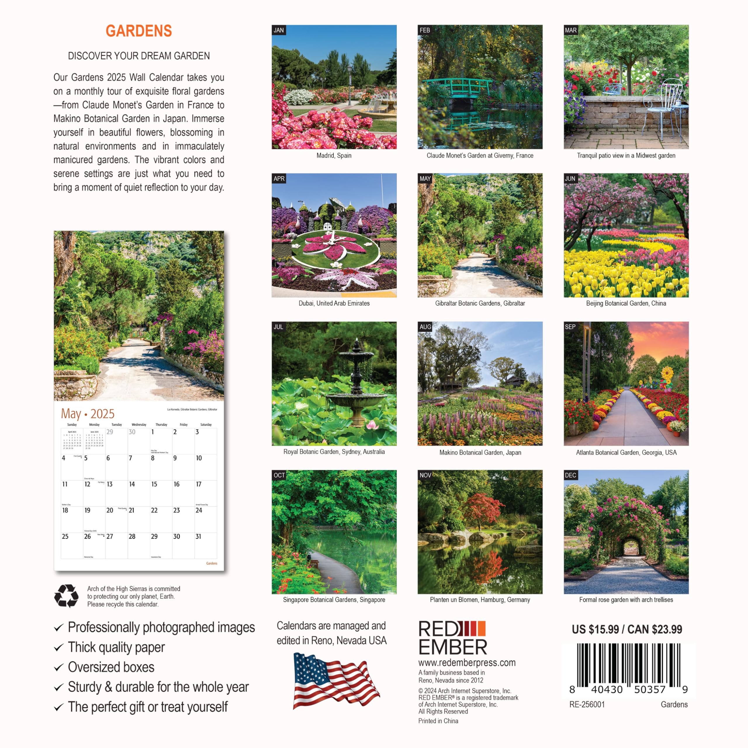 RED EMBER Gardens 2025 Wall Calendar - 12 Month Large Format 12