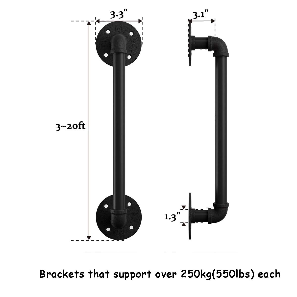 Industrial Pipe Clothes Rack - 3 to 20ft Wall Mounted Garment Hanging Rail & Towel Holder for Hallway, Balcony, Corridor | Heavy-Duty Clothing Rod & Stair Handrail for Home, Retail Store & Laundry Room Organization