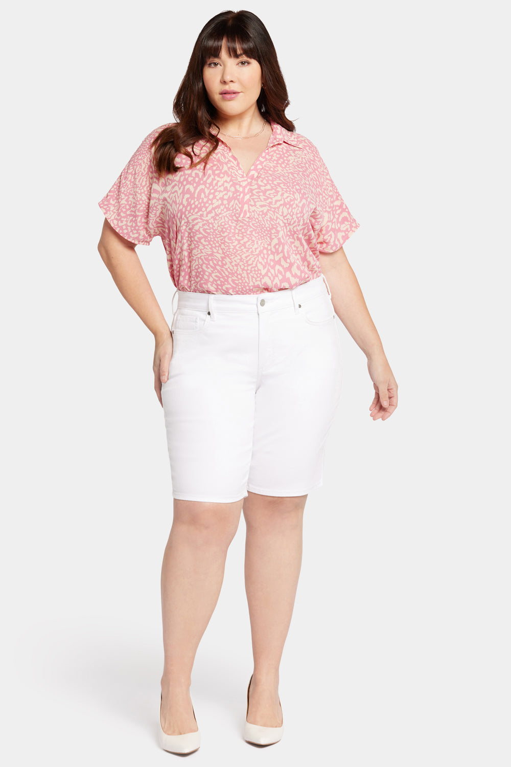 Briella 11 Inch Plus Size Denim Shorts for Women - High Waisted Stretch Jeans Shorts in Optic White | Perfect for Summer, Beach, and Casual Outfits
