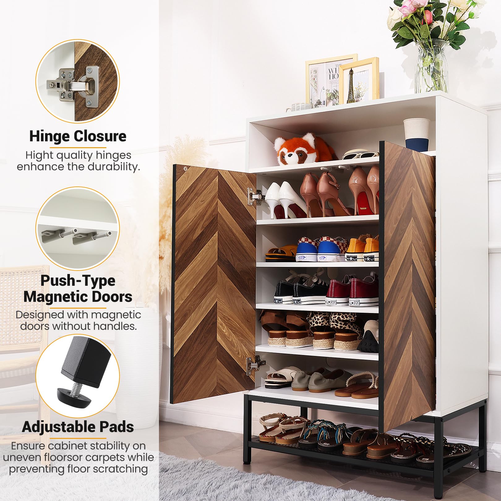 7-Tier Modern Shoe Storage Cabinet with Doors & Adjustable Shelves - Large Capacity Wooden Shoe Rack Organizer for Entryway, Hallway, Closet - Perfect for Dumbbell Storage & Home Organization (White)